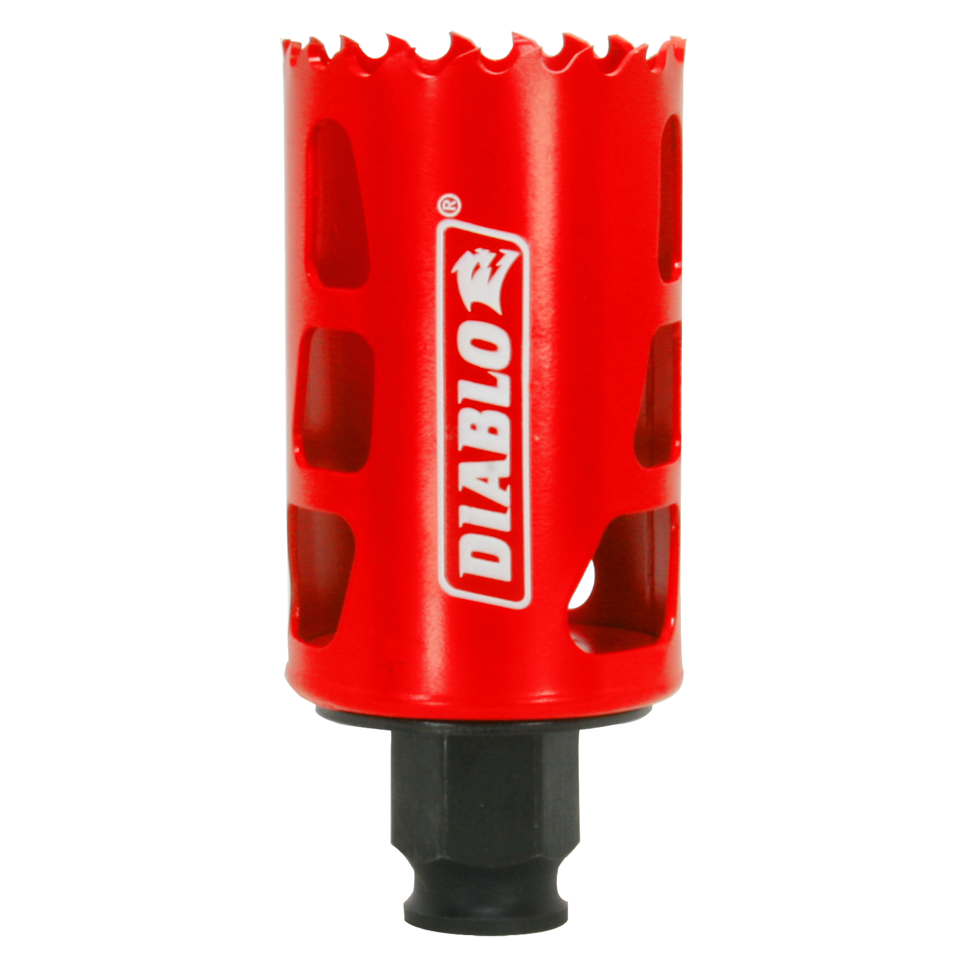 Red Diablo hole saw with serrated cutting edge and black arbor shaft against white background.