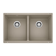 Truffle-colored undermount double bowl kitchen sink with two equal compartments and chrome drain strainers.