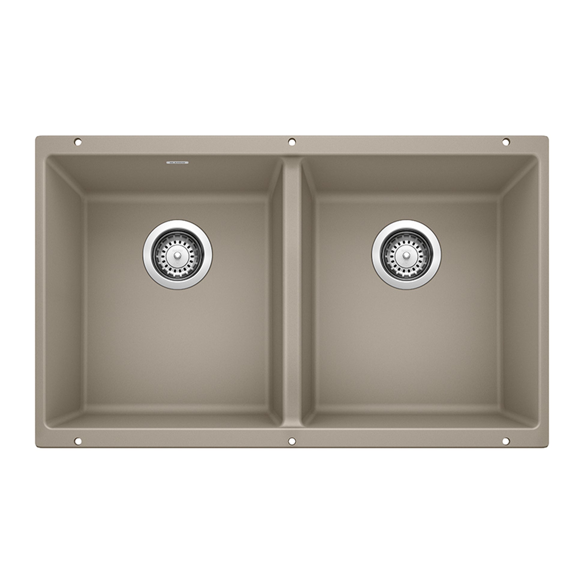 Truffle-colored undermount double bowl kitchen sink with two equal compartments and chrome drain strainers.