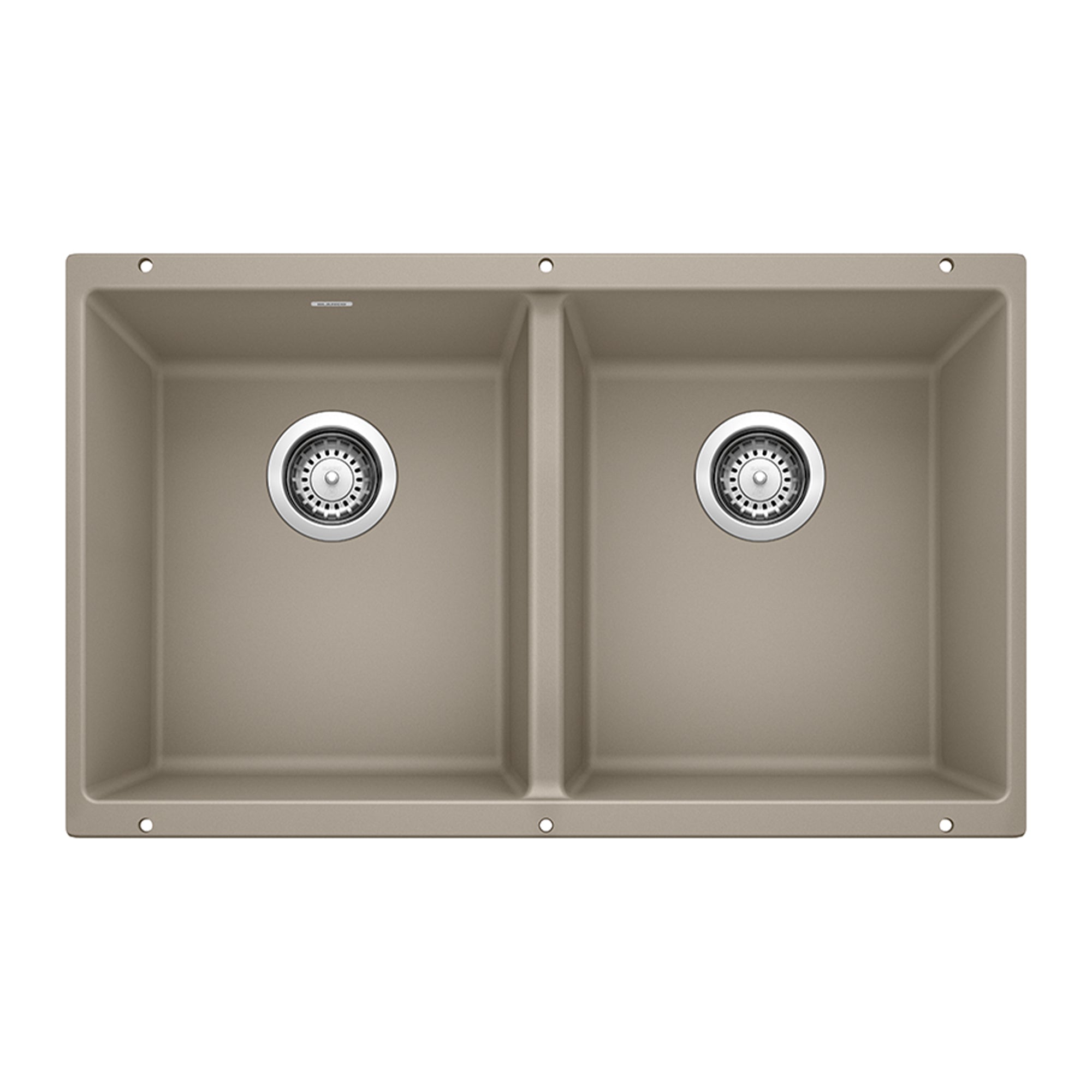 Truffle-colored undermount double bowl kitchen sink with two equal compartments and chrome drain strainers.
