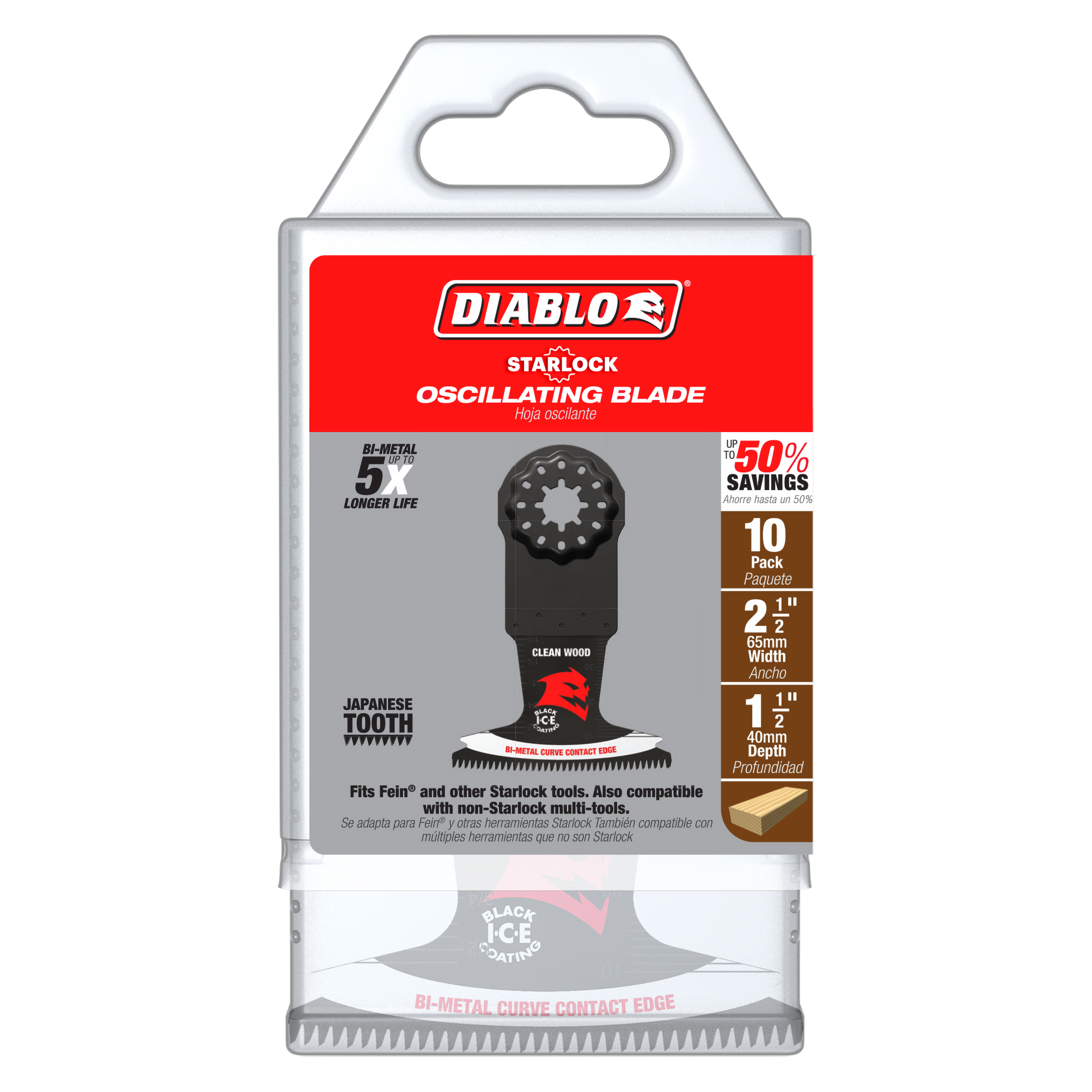 Diablo Starlock bi-metal oscillating blade with Japanese teeth, 2-1/2 inch width, black head with red accent, packaged in red