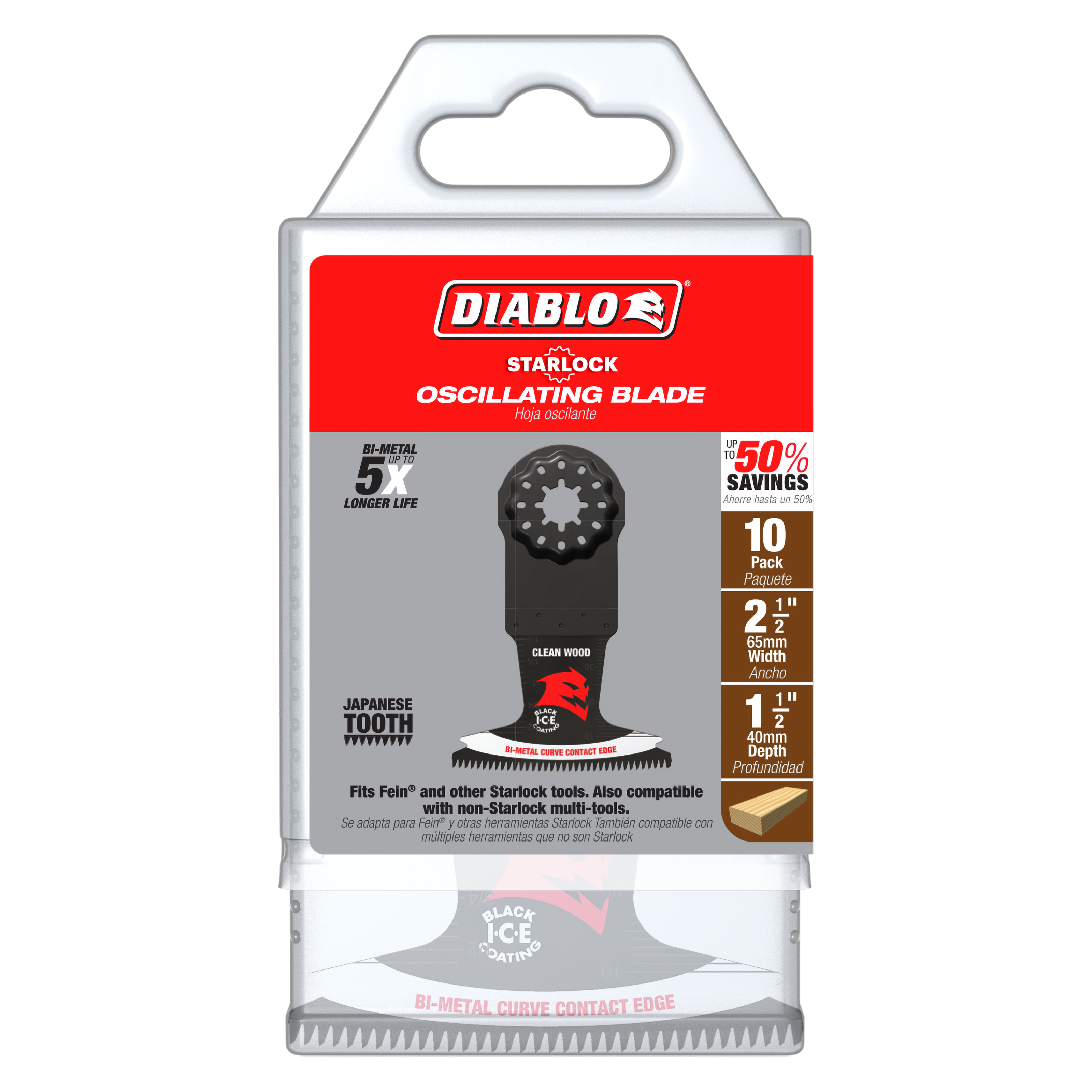 Diablo Starlock bi-metal oscillating blade with Japanese teeth, 2-1/2 inch width, black head with red accent, packaged in red