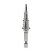 Silver step drill bit with 13 graduated cutting edges and hexagonal shank, tapering from narrow point to wider base.