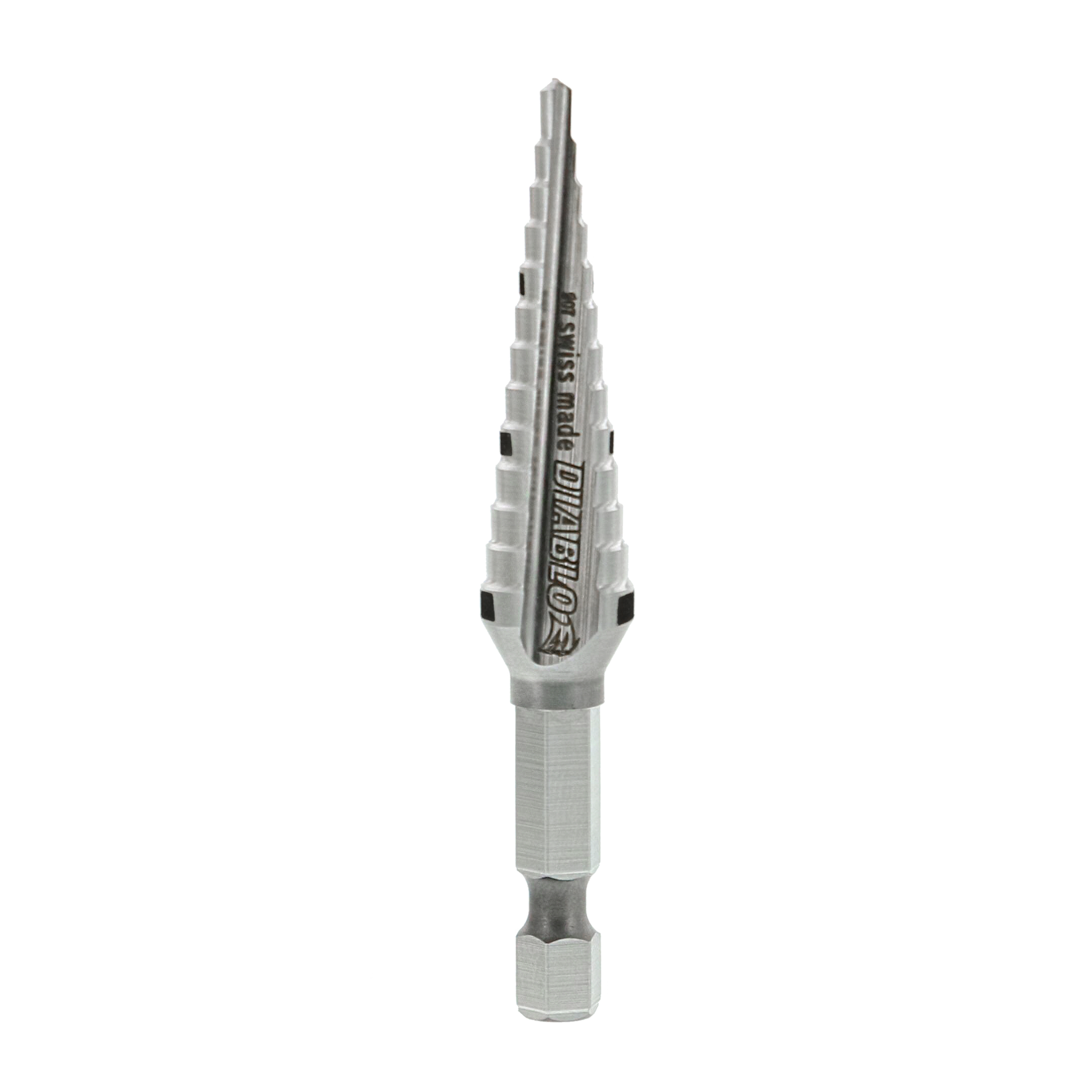 Silver step drill bit with 13 graduated cutting edges and hexagonal shank, tapering from narrow point to wider base.