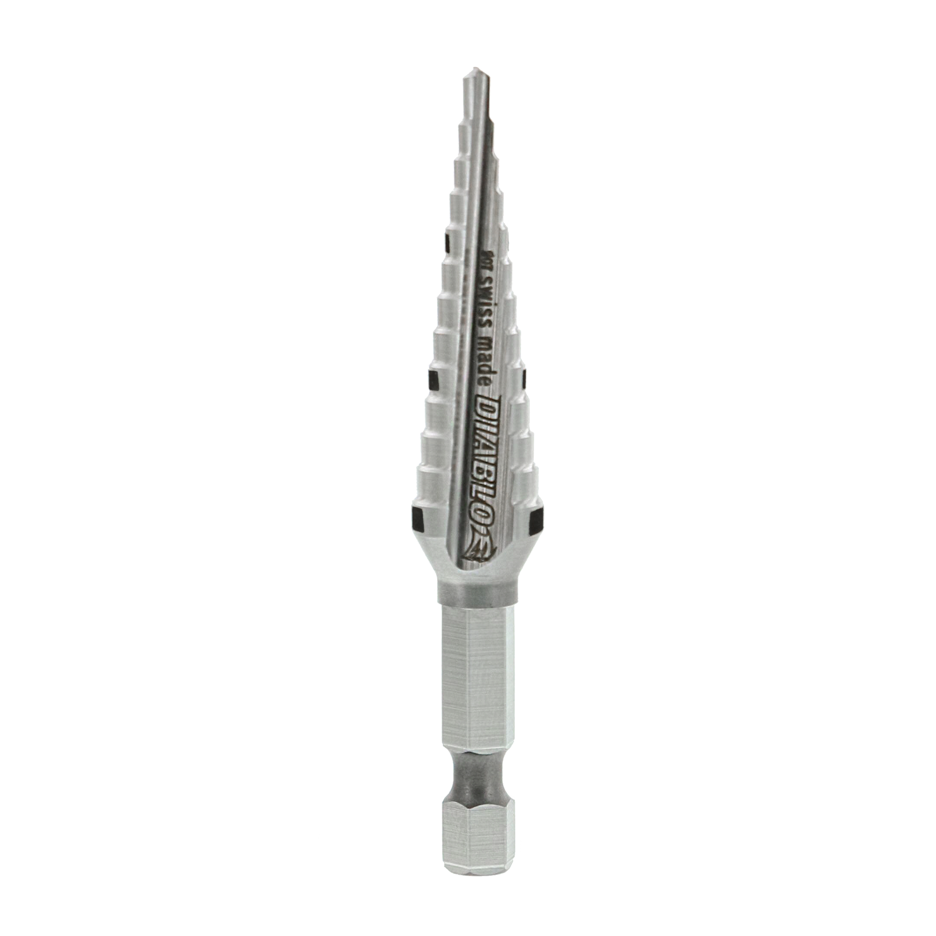 Silver step drill bit with 13 graduated cutting edges and hexagonal shank, tapering from narrow point to wider base.