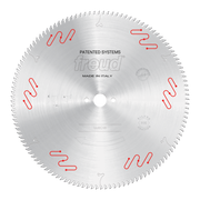 Silver circular saw blade with carbide-tipped teeth, center arbor hole, and red markings around the face.