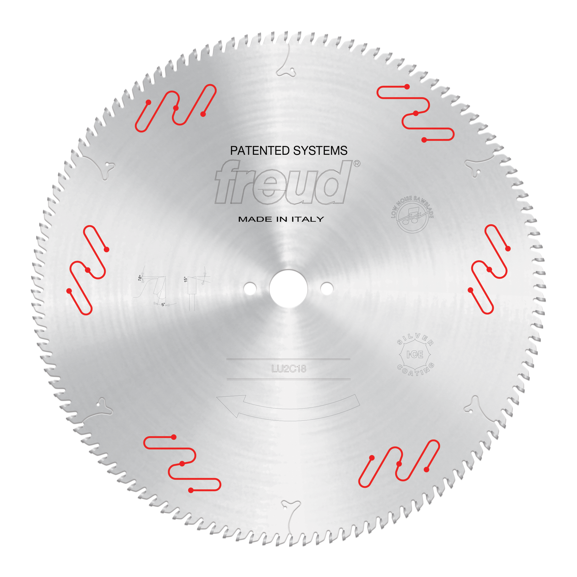Silver circular saw blade with carbide-tipped teeth, center arbor hole, and red markings around the face.