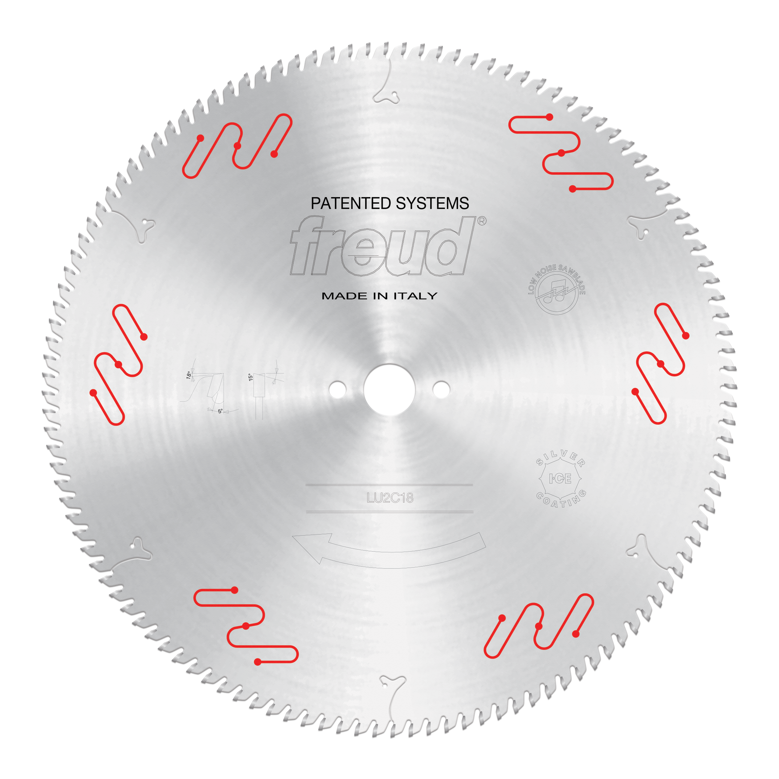 Silver circular saw blade with carbide-tipped teeth, center arbor hole, and red markings around the face.