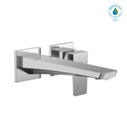 Polished chrome wall-mount bathroom faucet with single handle and long spout.