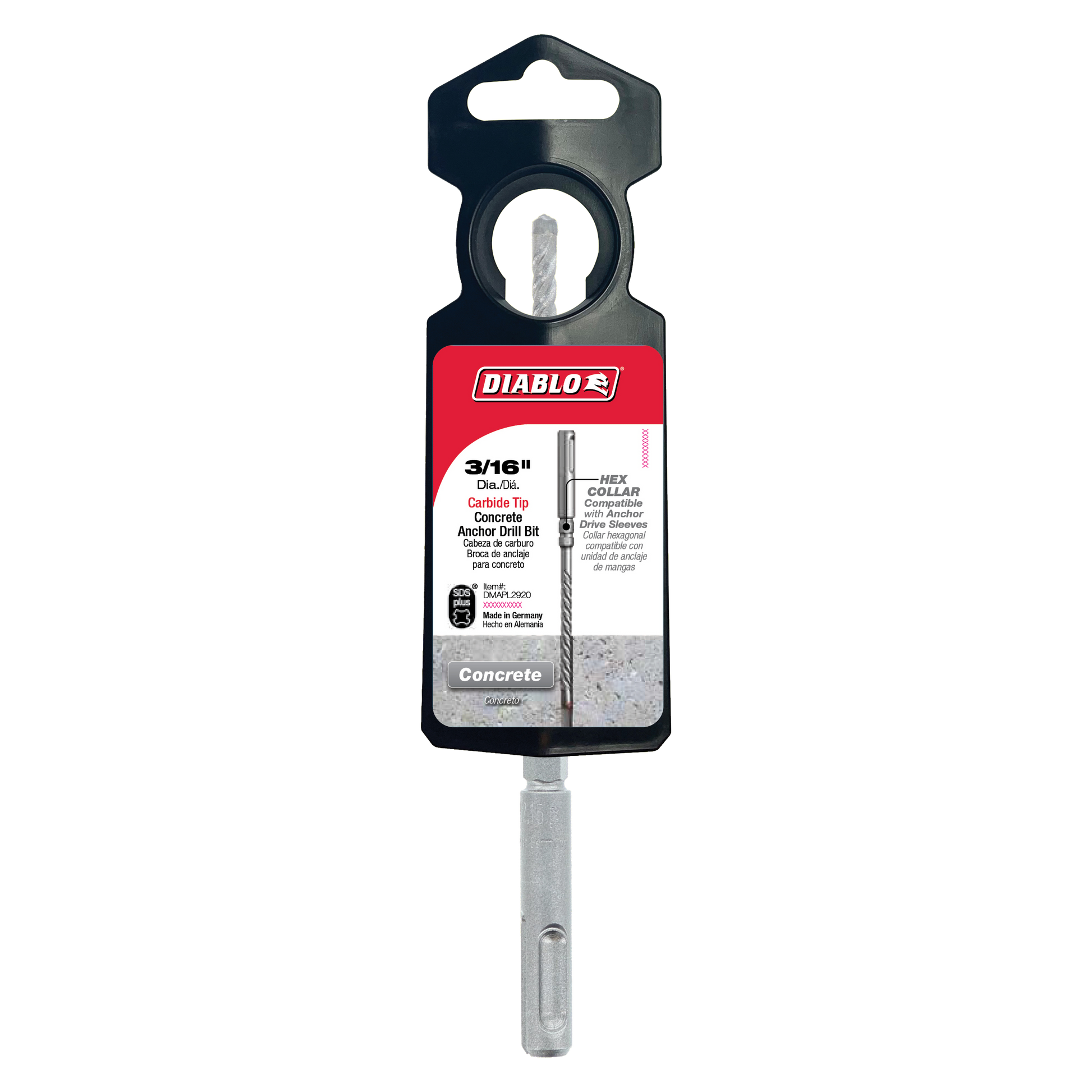 Diablo 3/16 inch SDS-Plus concrete hammer drill bit with carbide tip in original packaging.