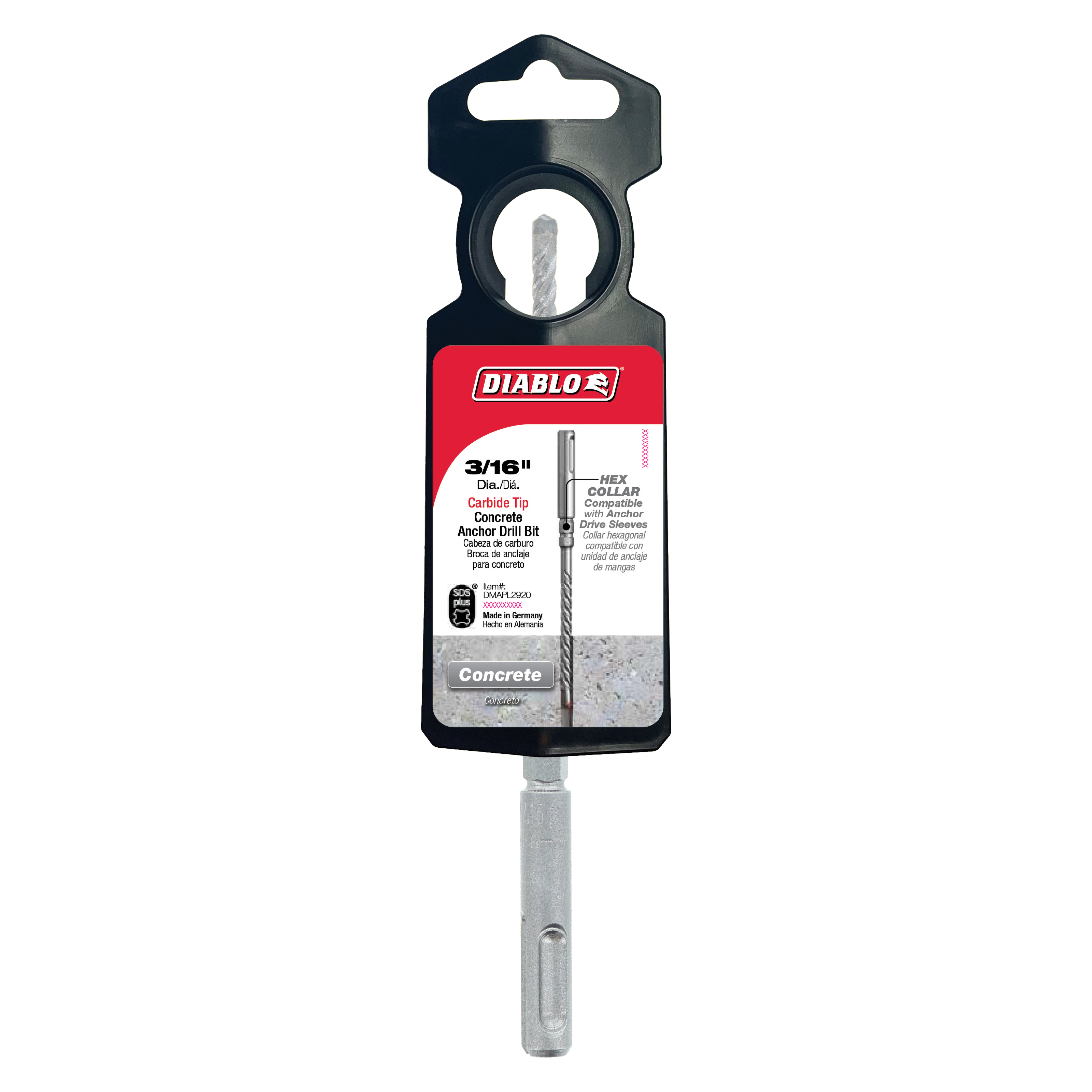 Diablo 3/16 inch SDS-Plus concrete hammer drill bit with carbide tip in original packaging.