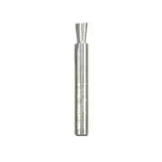 Silver metal dovetail router bit with angled cutting flutes and straight shank.