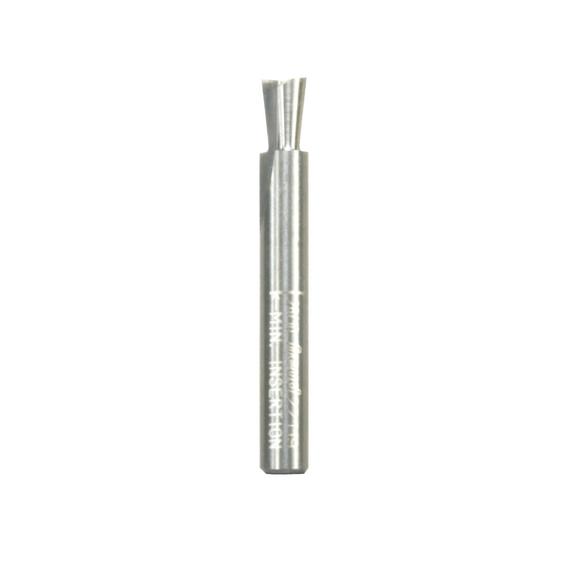 Silver metal dovetail router bit with angled cutting flutes and straight shank.