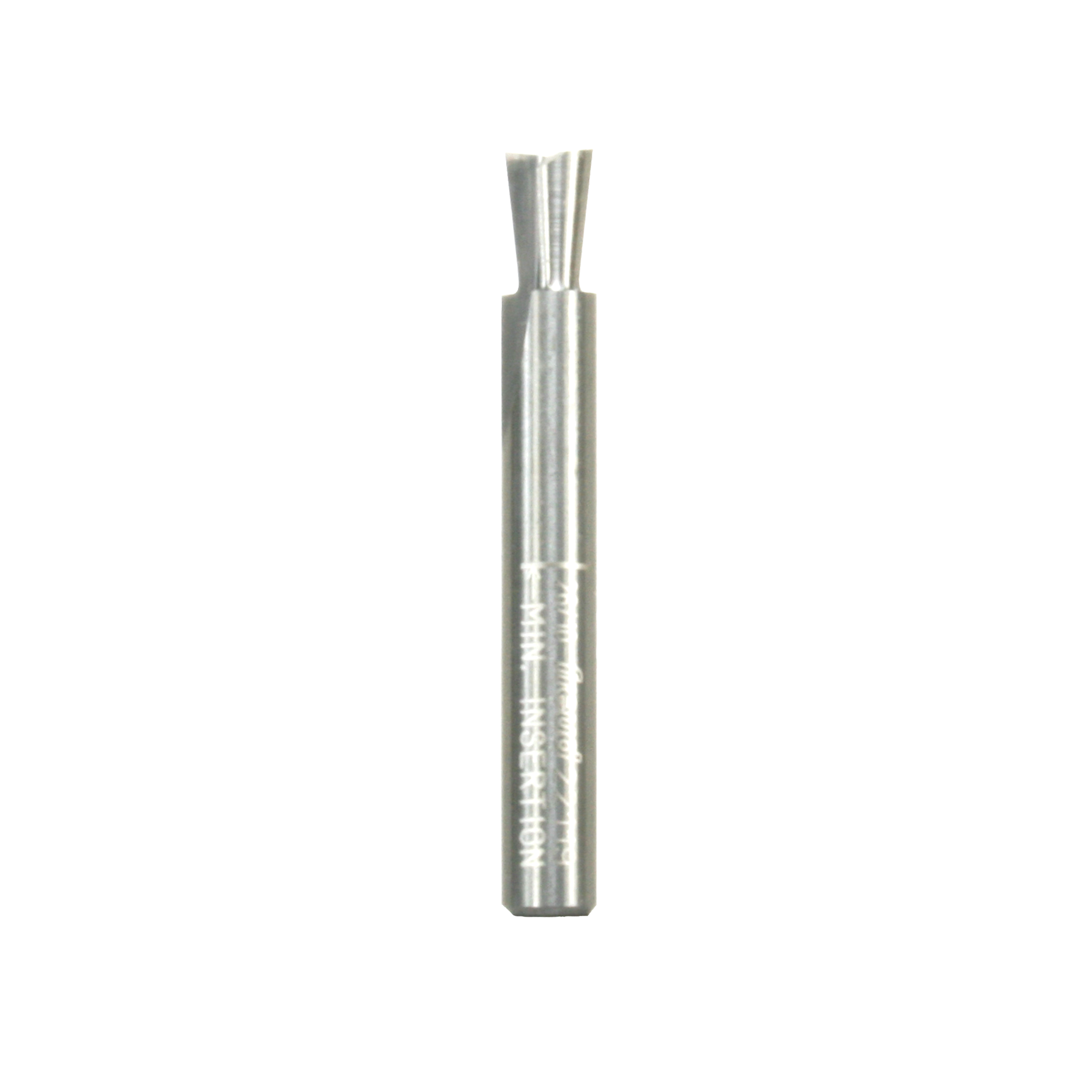 Silver metal dovetail router bit with angled cutting flutes and straight shank.