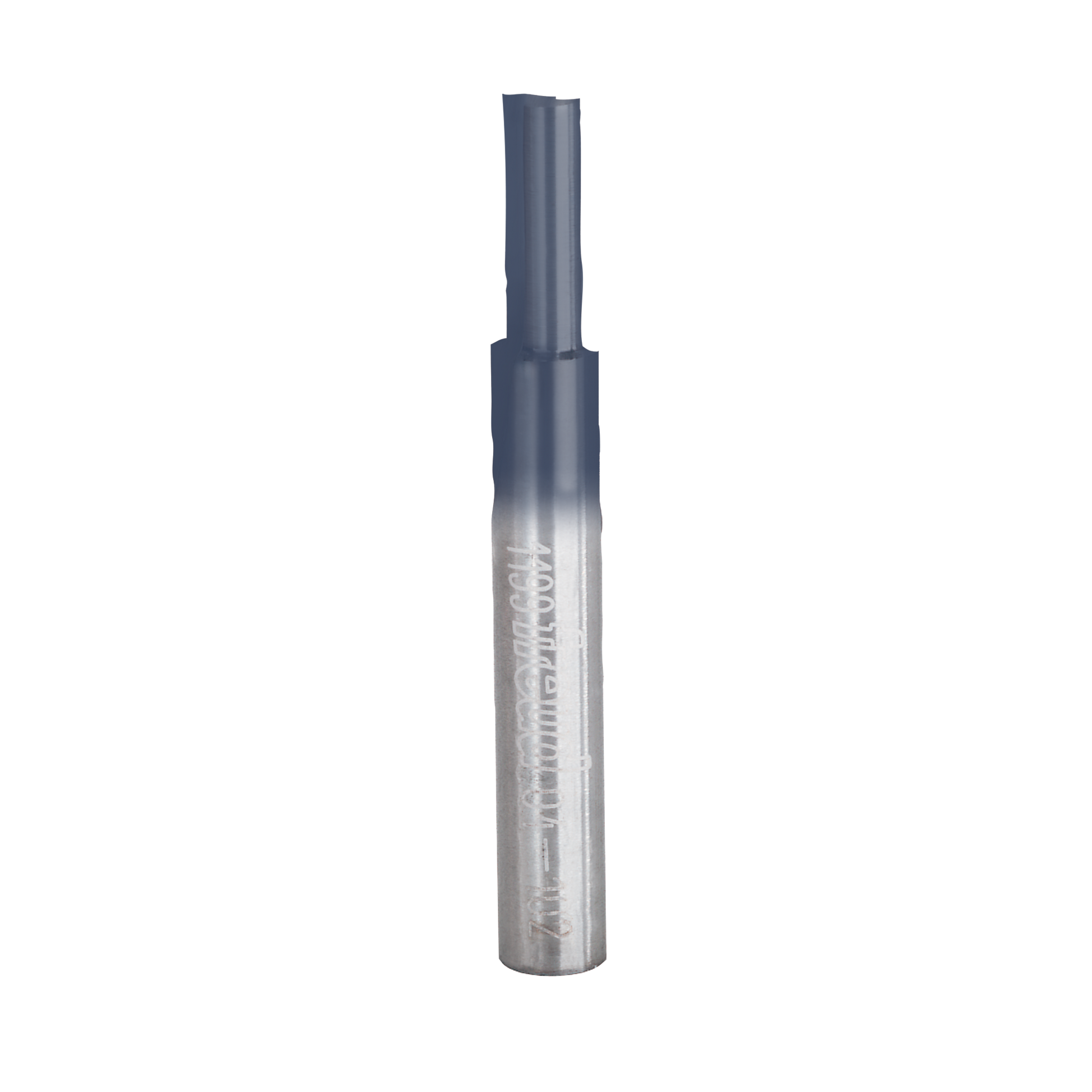 Silver and dark gray straight router bit with two flutes and cylindrical shank.
