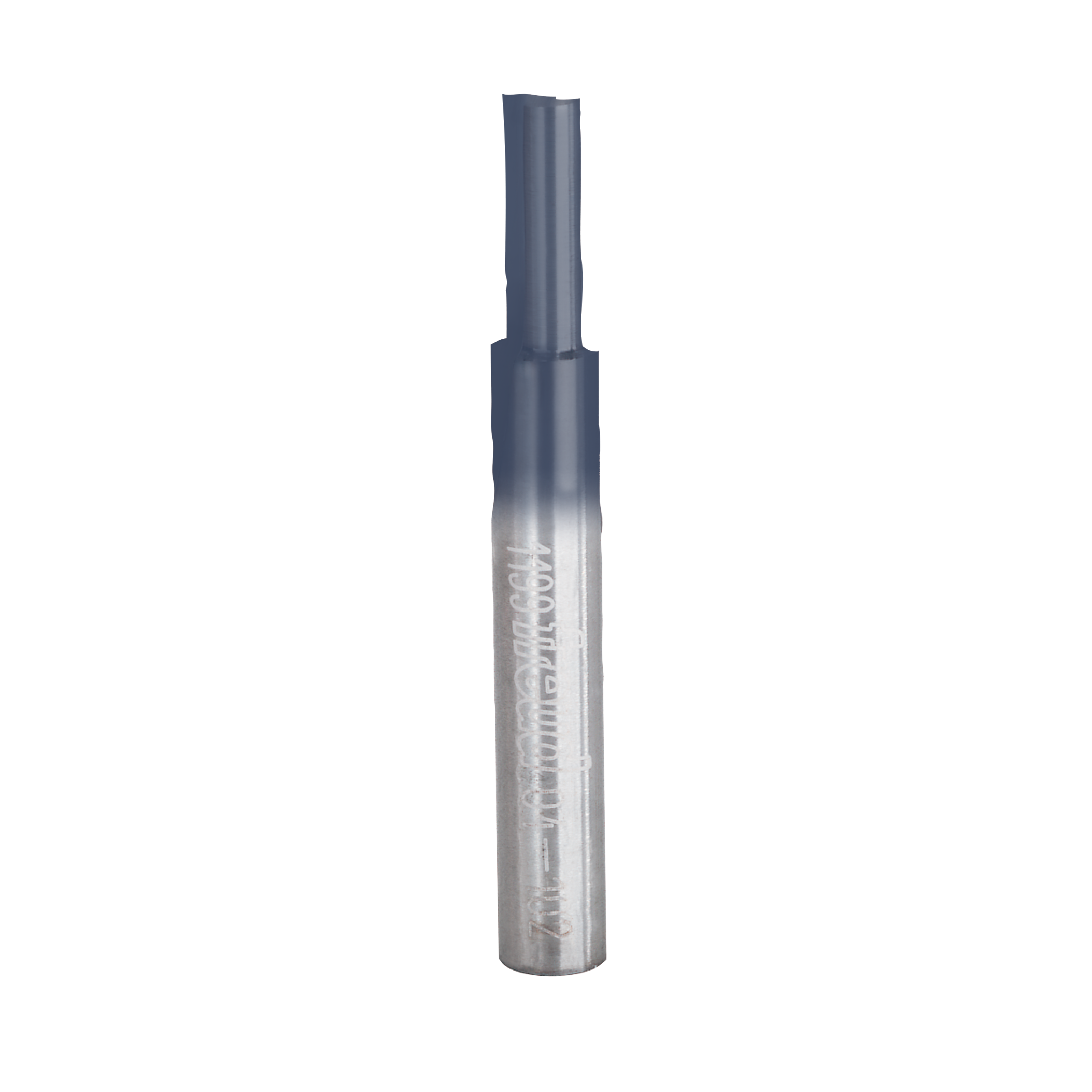 Silver and dark gray straight router bit with two flutes and cylindrical shank.