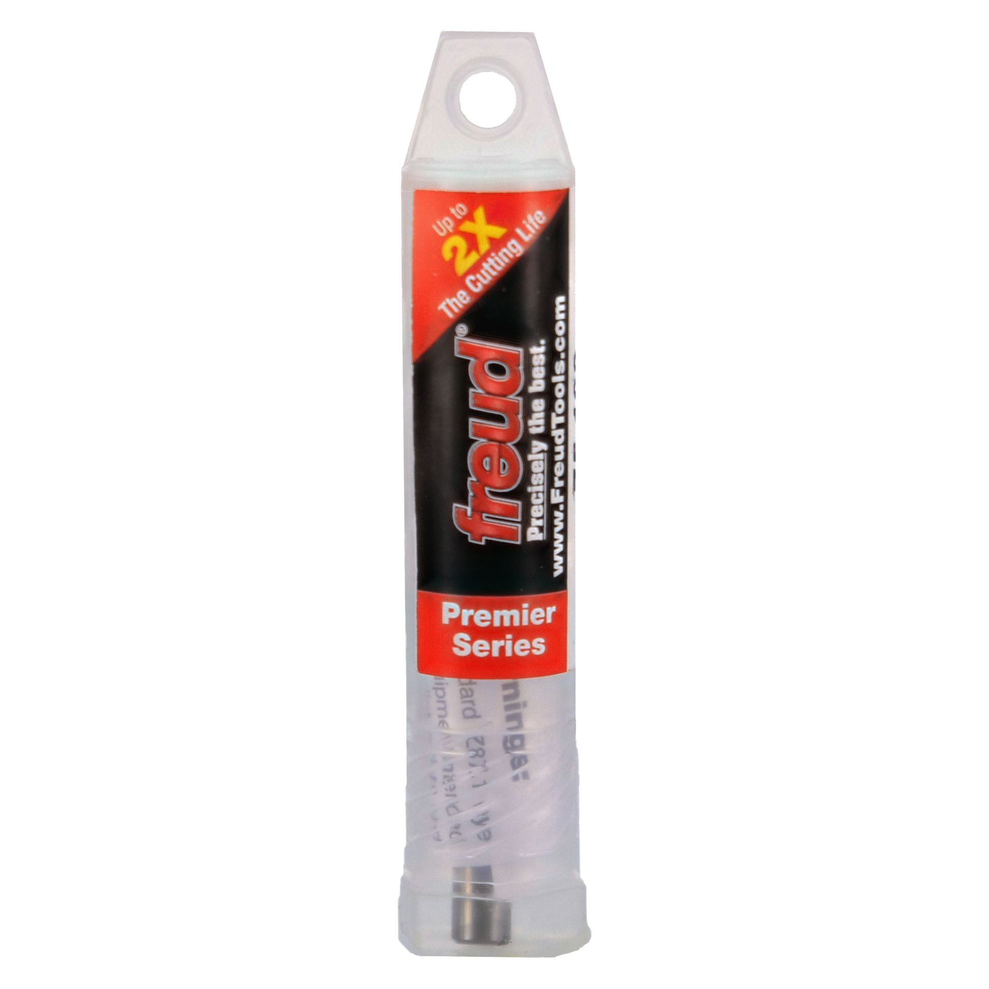 Freud 1/4" up spiral bit in clear plastic packaging with red and black label and hanging hole.
