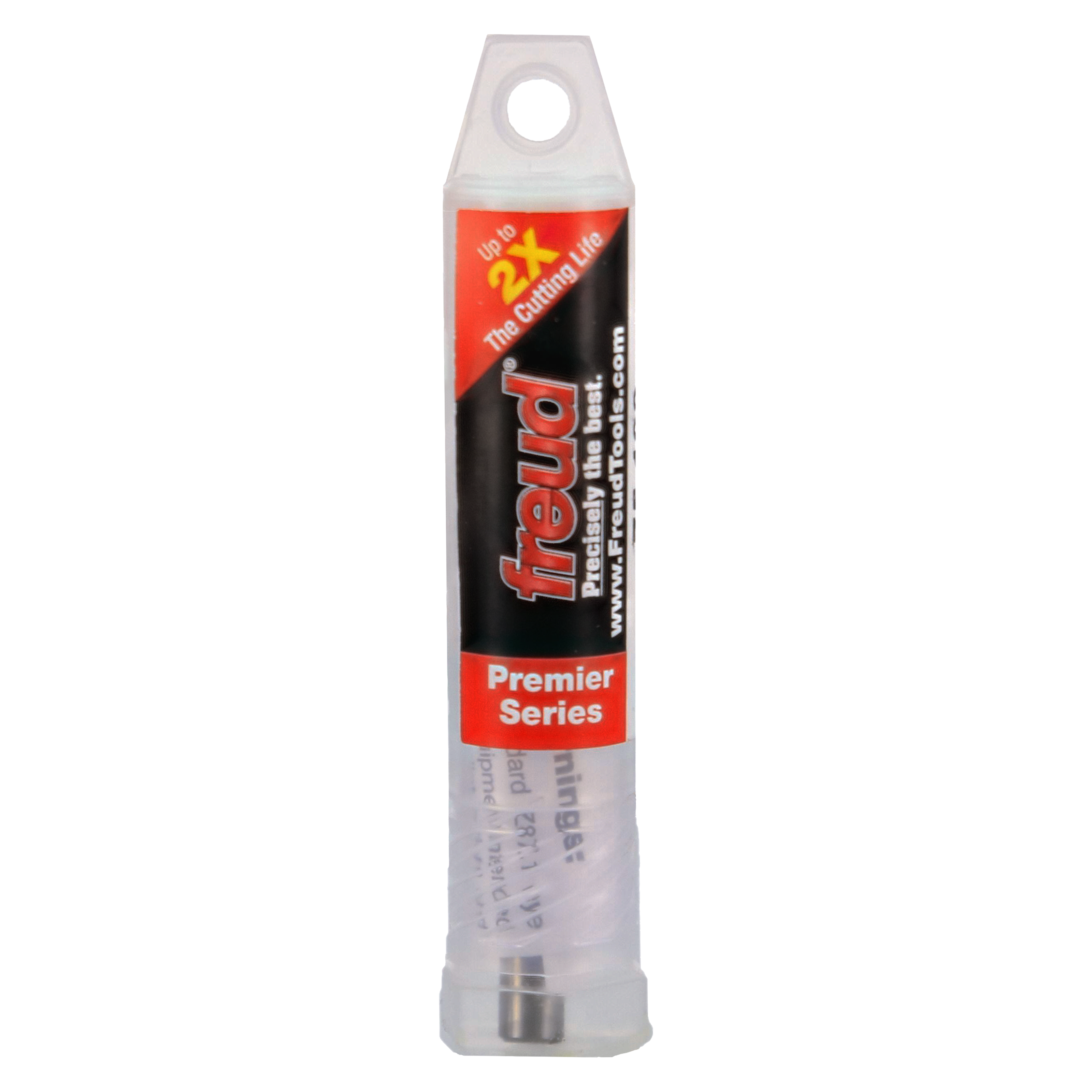 Freud 1/4" up spiral bit in clear plastic packaging with red and black label and hanging hole.