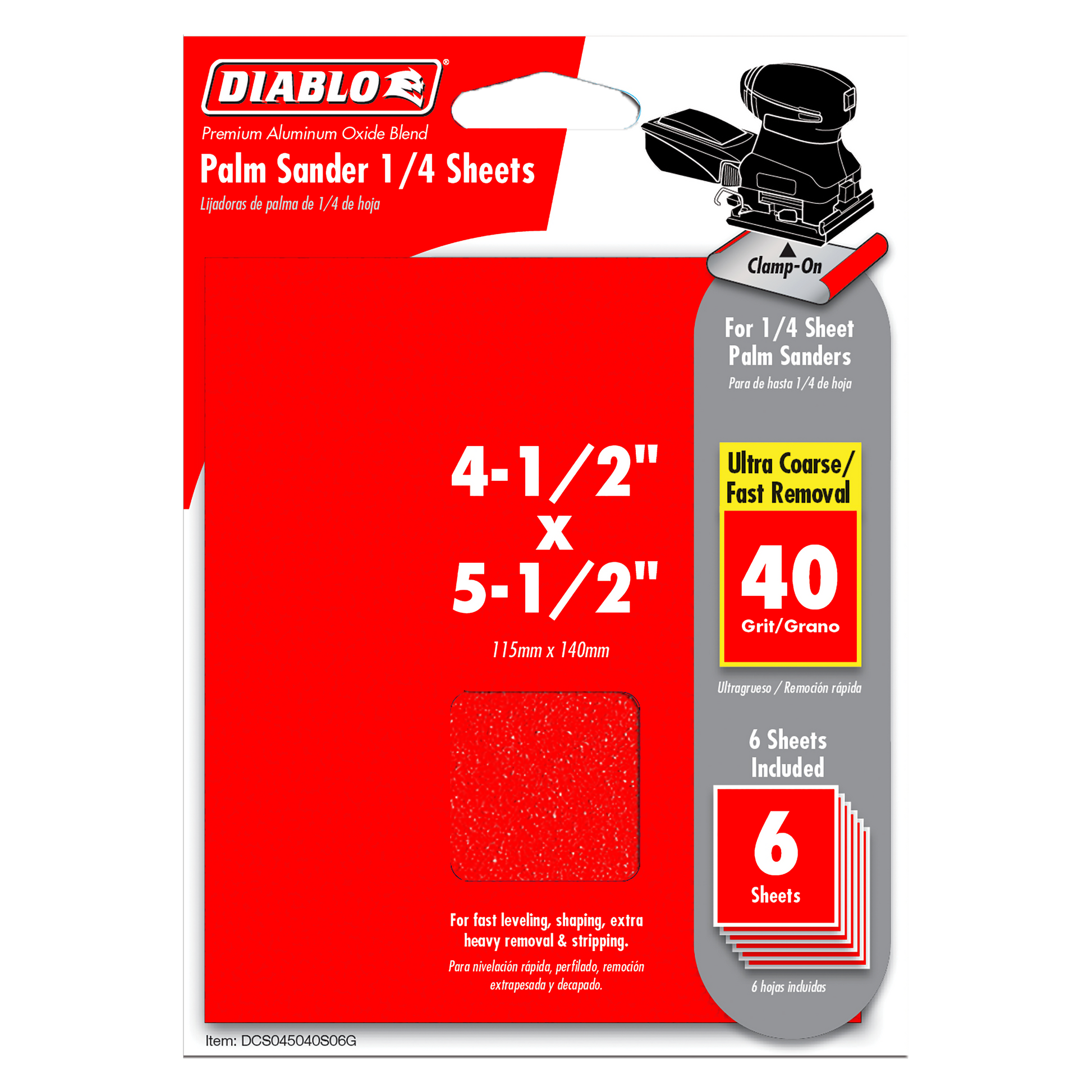 Red Diablo packaging showing six 40-grit sandpaper sheets sized 4-1/2" x 5-1/2" for 1/4 sheet palm sanders.