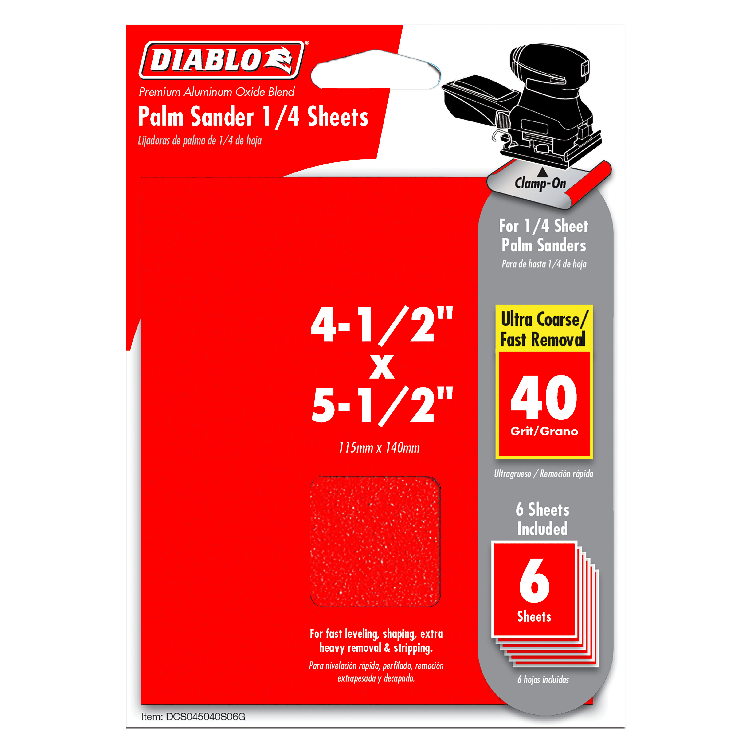 Red Diablo packaging showing six 40-grit sandpaper sheets sized 4-1/2" x 5-1/2" for 1/4 sheet palm sanders.
