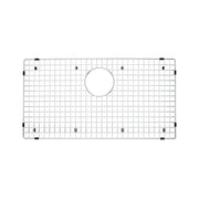 Stainless steel sink grid with square pattern and circular drain opening, featuring black corner brackets.