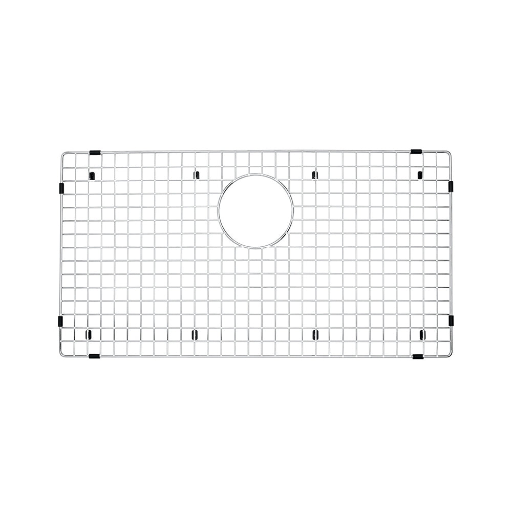 Stainless steel sink grid with square pattern and circular drain opening, featuring black corner brackets.