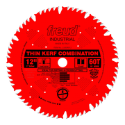 Red circular saw blade with white teeth, 12" diameter, labeled "Freud Industrial Thin Kerf Combination" with 60 teeth and 1" 
