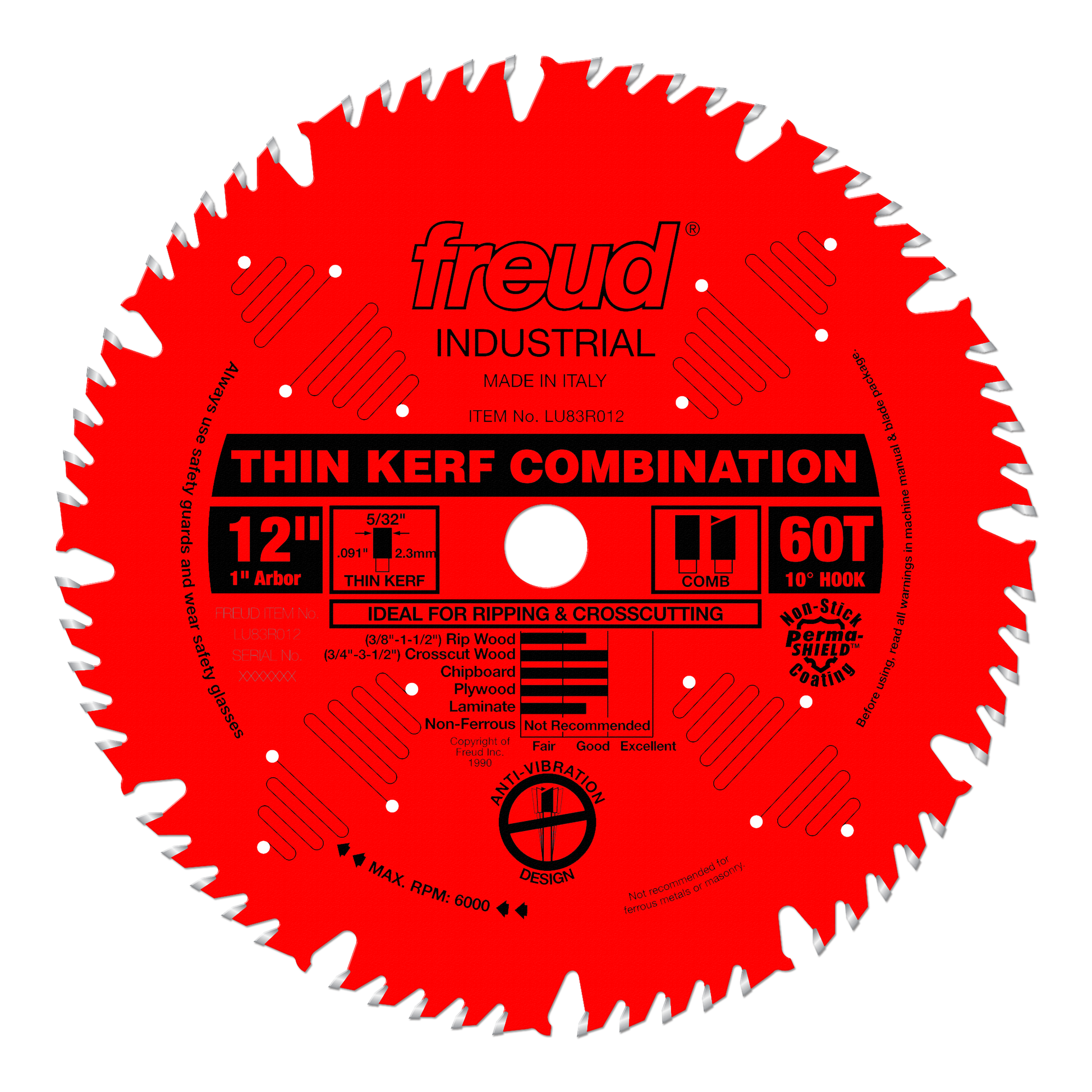 Red circular saw blade with white teeth, 12" diameter, labeled "Freud Industrial Thin Kerf Combination" with 60 teeth and 1" 