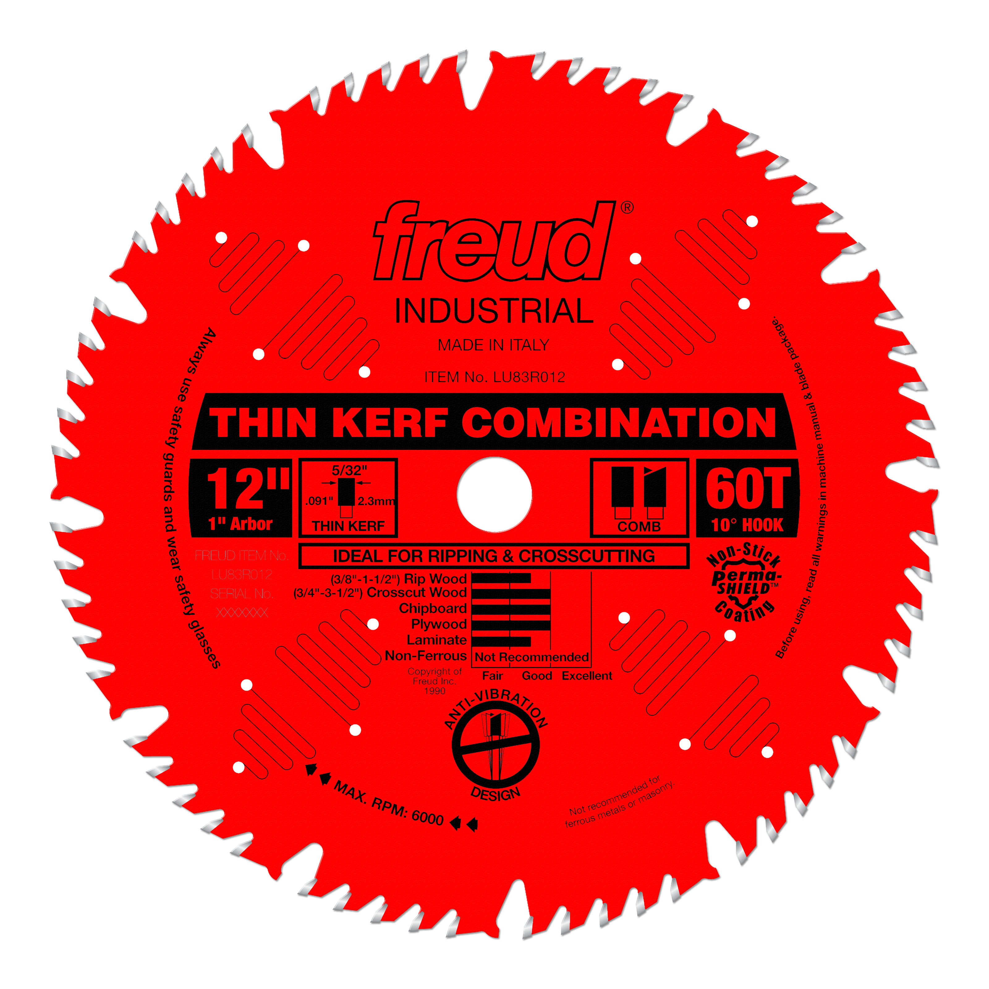 Red circular saw blade with white teeth, 12" diameter, labeled "Freud Industrial Thin Kerf Combination" with 60 teeth and 1" 