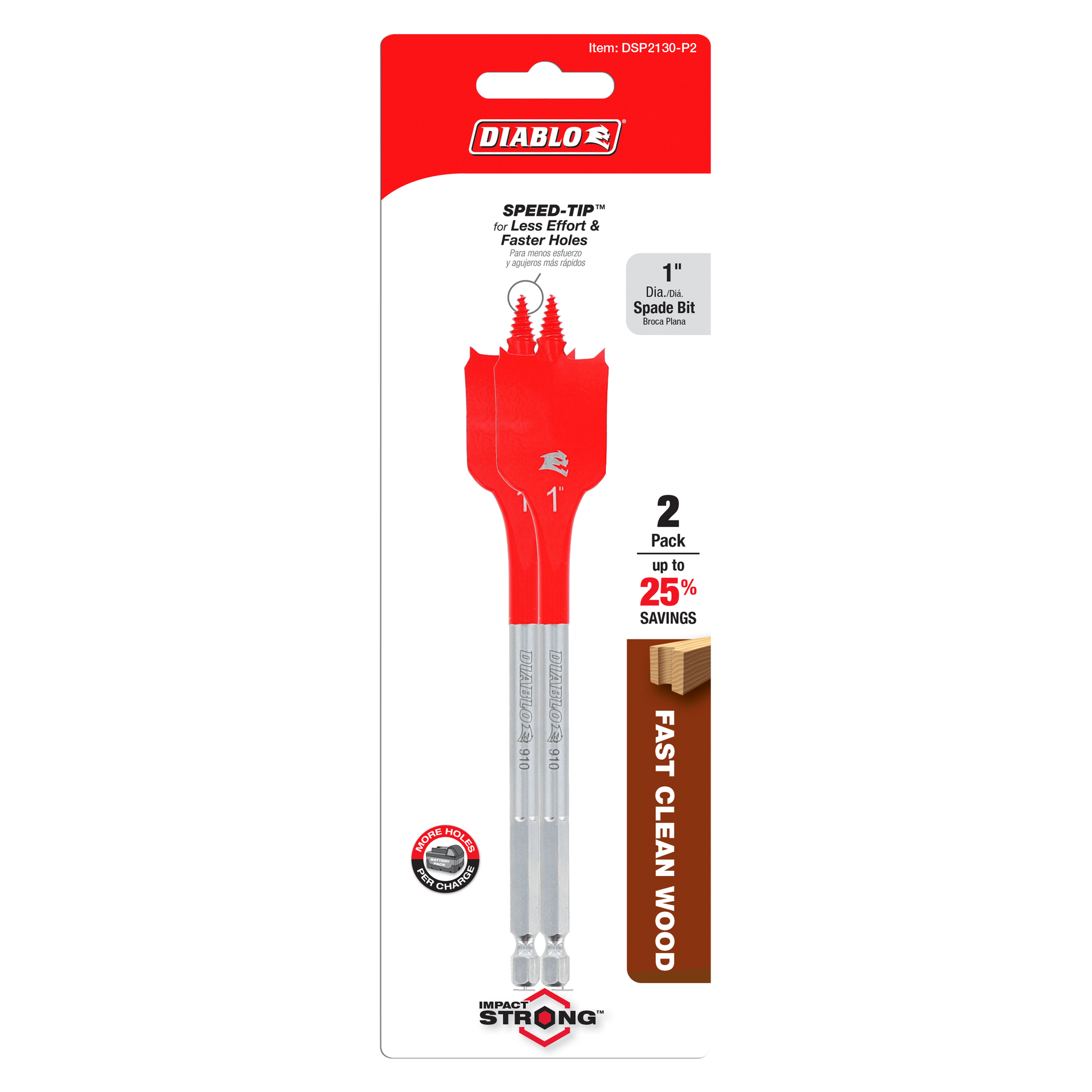 Two red Diablo 1-inch spade bits with gray shanks on packaging card.