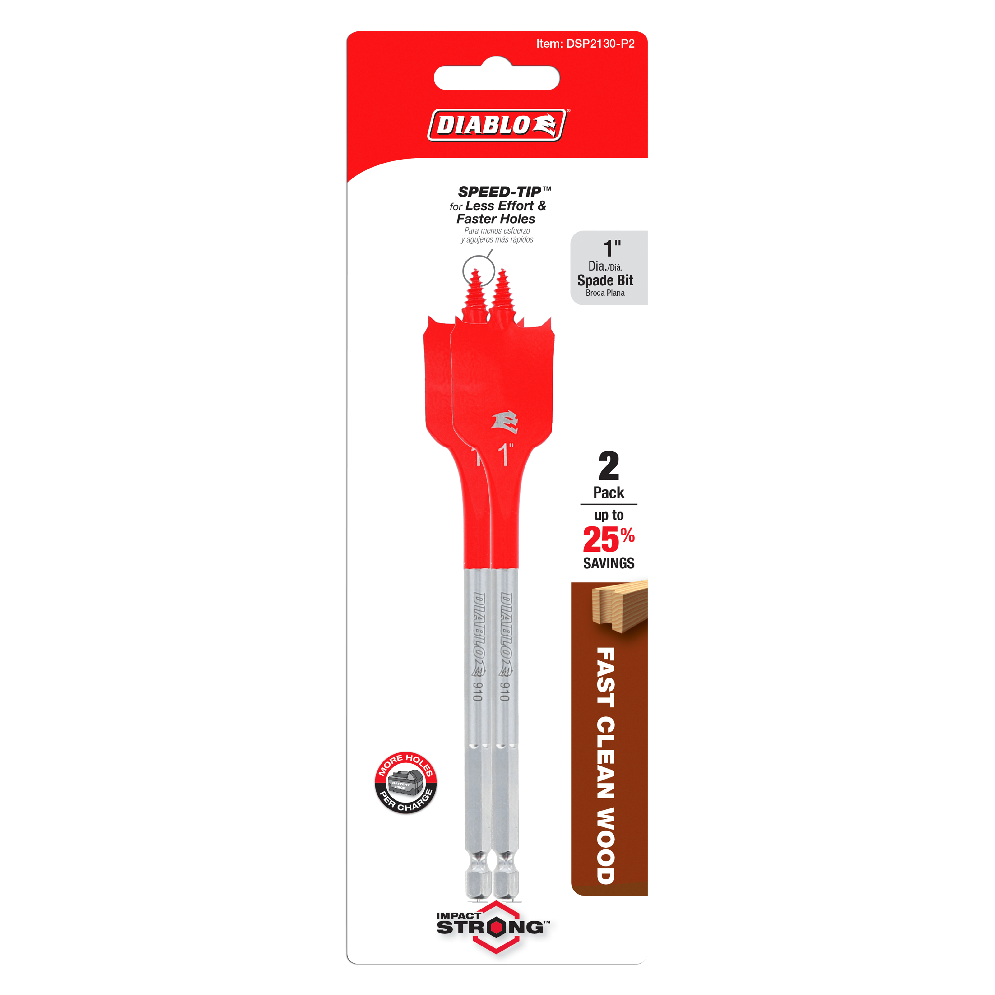 Two red Diablo 1-inch spade bits with gray shanks on packaging card.