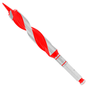 Red and gray auger bit with spiral flutes and threaded tip on white background.