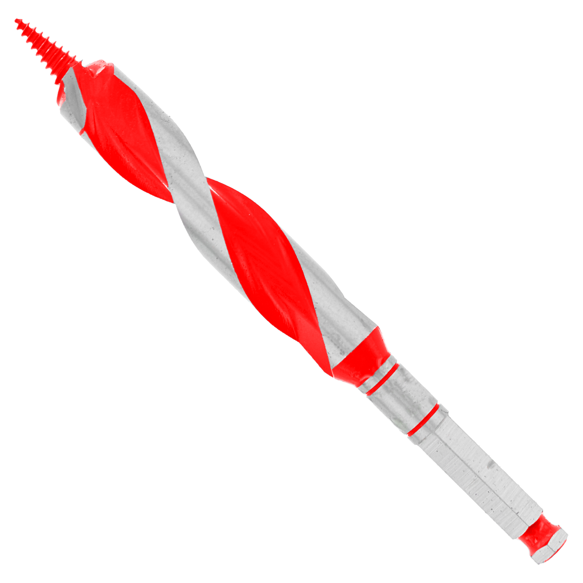 Red and gray auger bit with spiral flutes and threaded tip on white background.