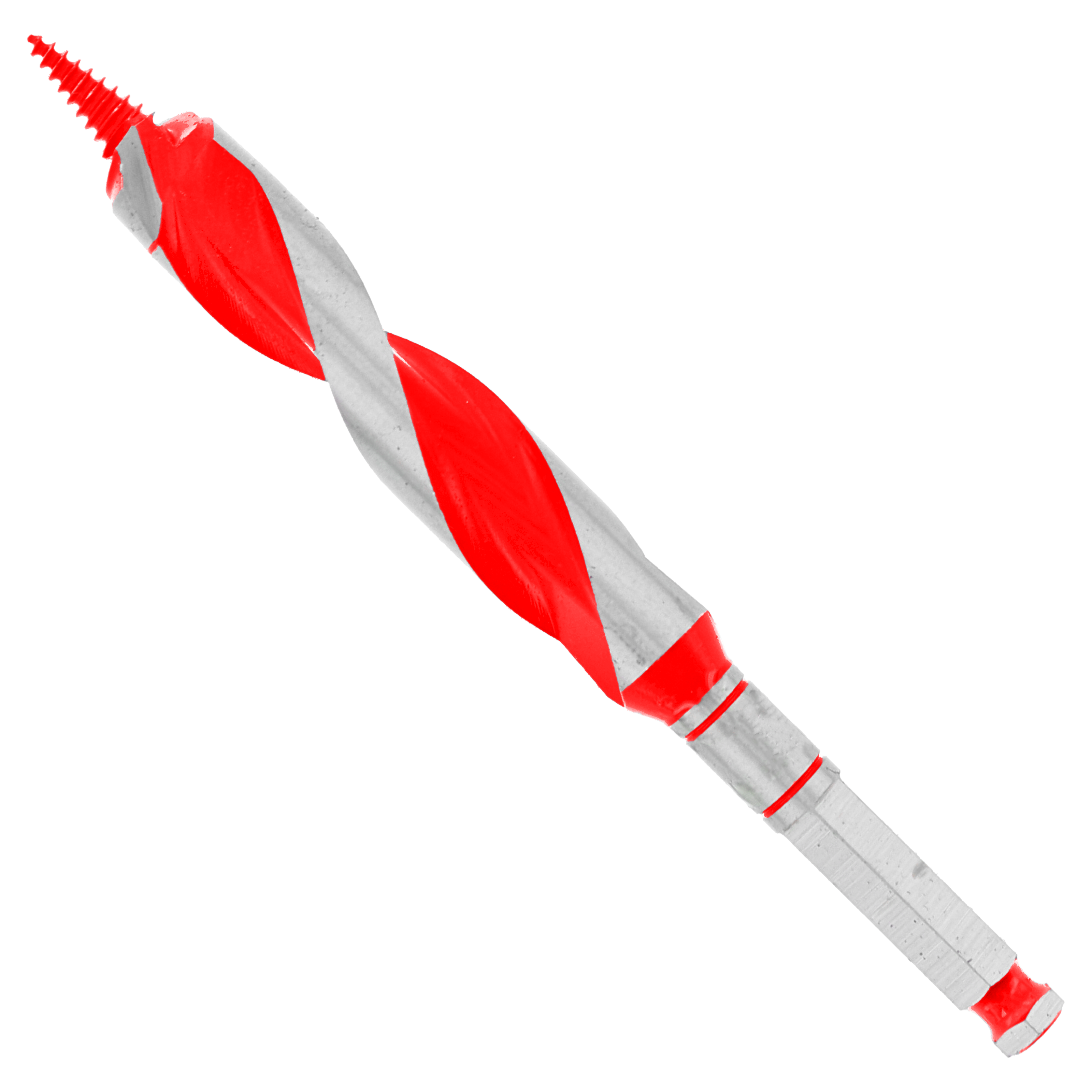 Red and gray auger bit with spiral flutes and threaded tip on white background.