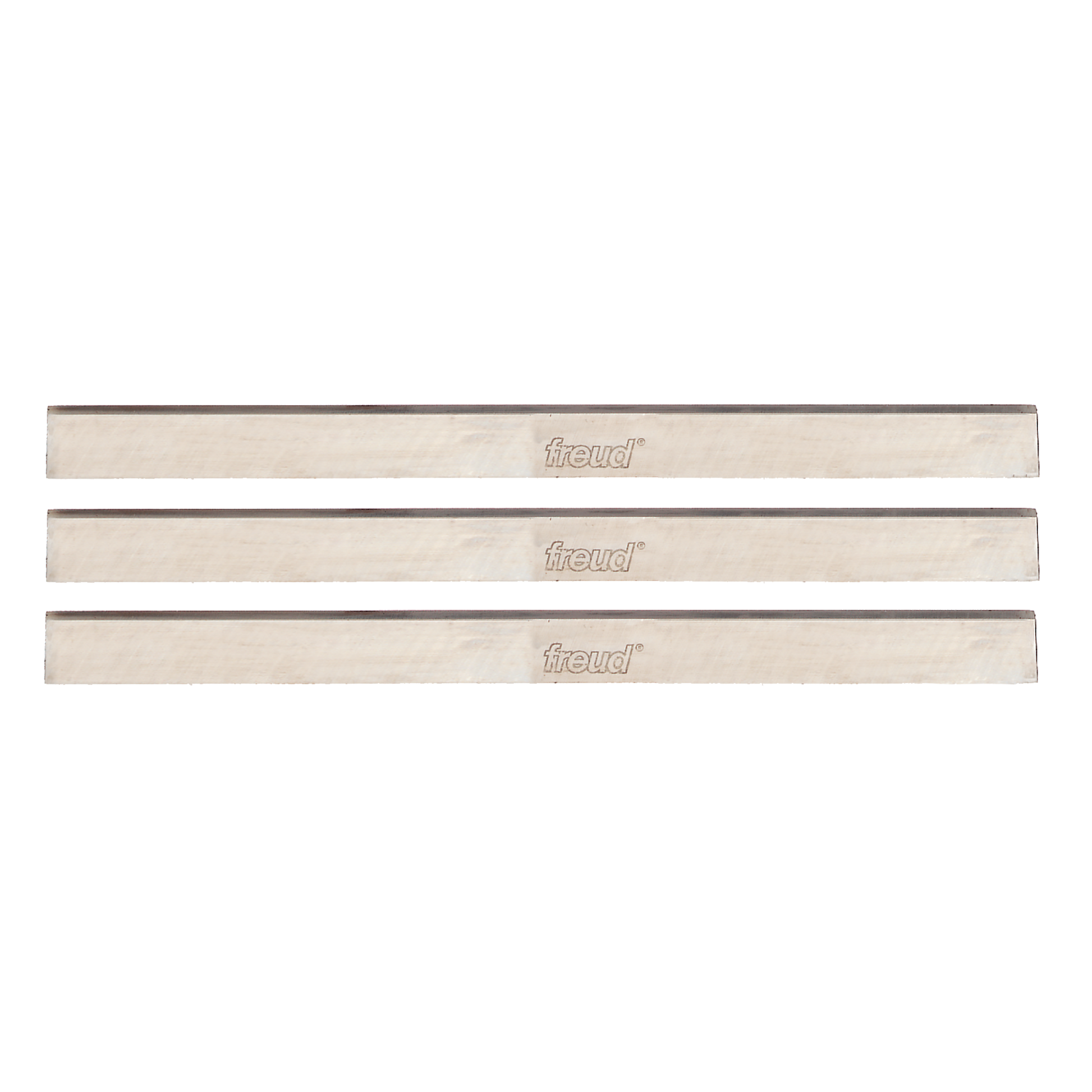 Three metallic planer and jointer blades with Freud branding and dark cutting edges.