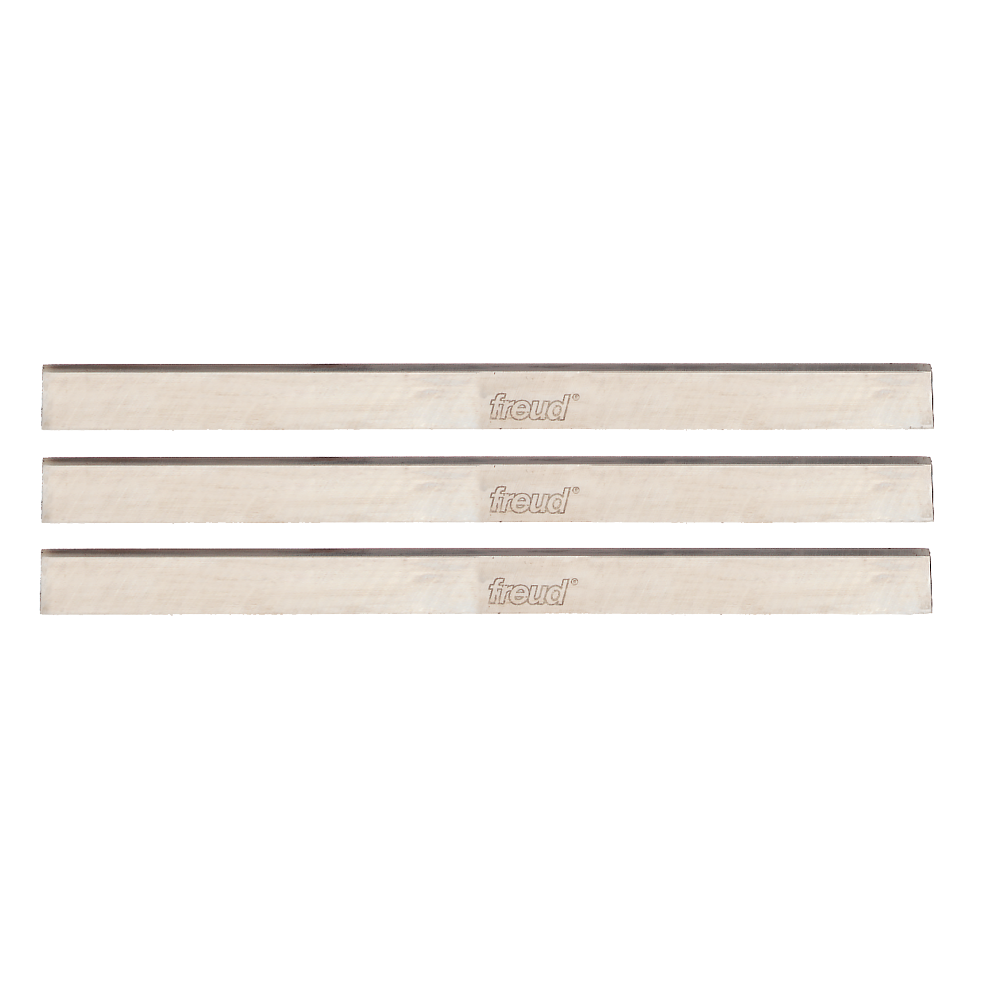 Three metallic planer and jointer blades with Freud branding and dark cutting edges.