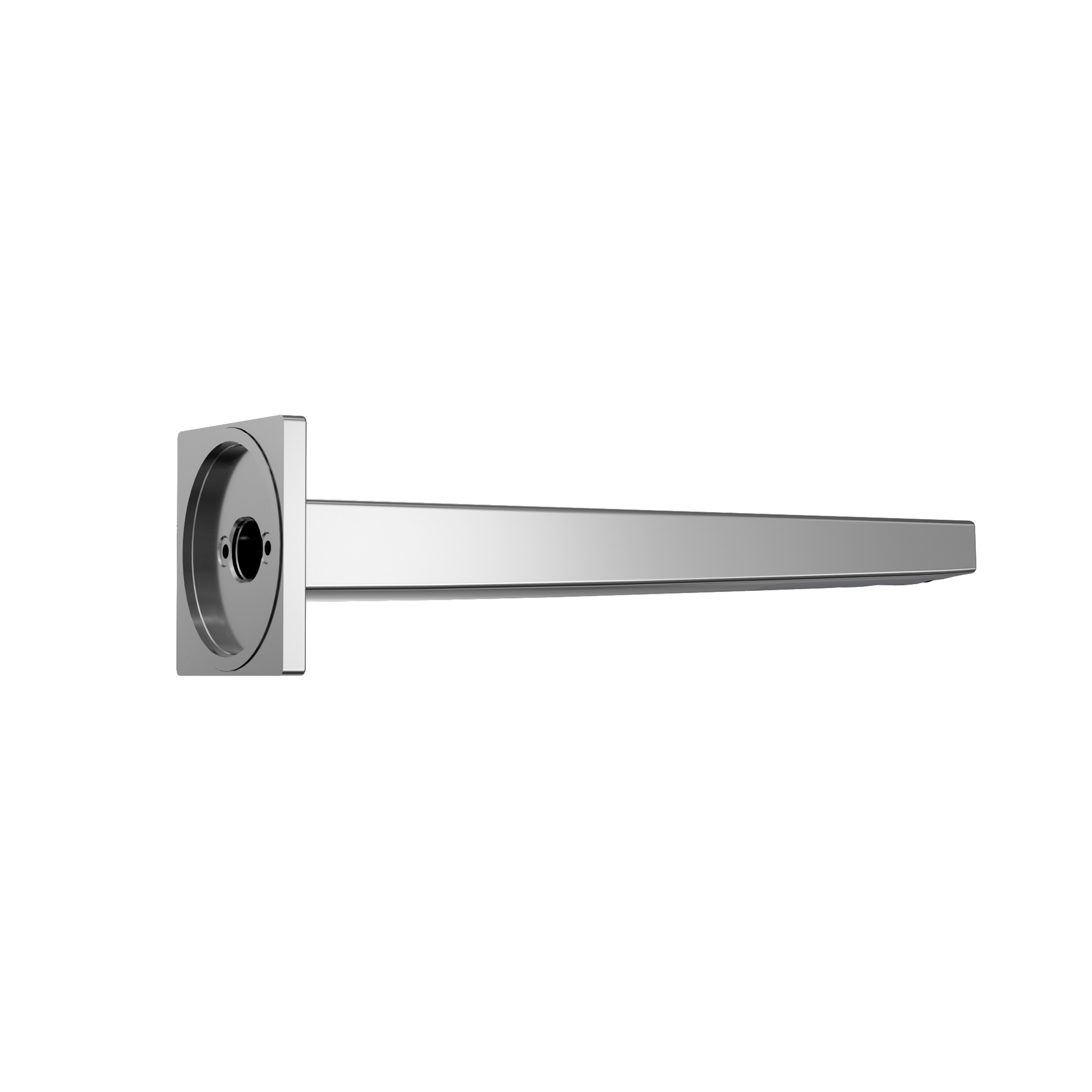 Polished chrome wall-mounted touchless bathroom faucet with sensor and elongated spout.