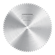 Freud carbide-tipped circular saw blade with silver finish and multiple teeth around perimeter for wood cutting.