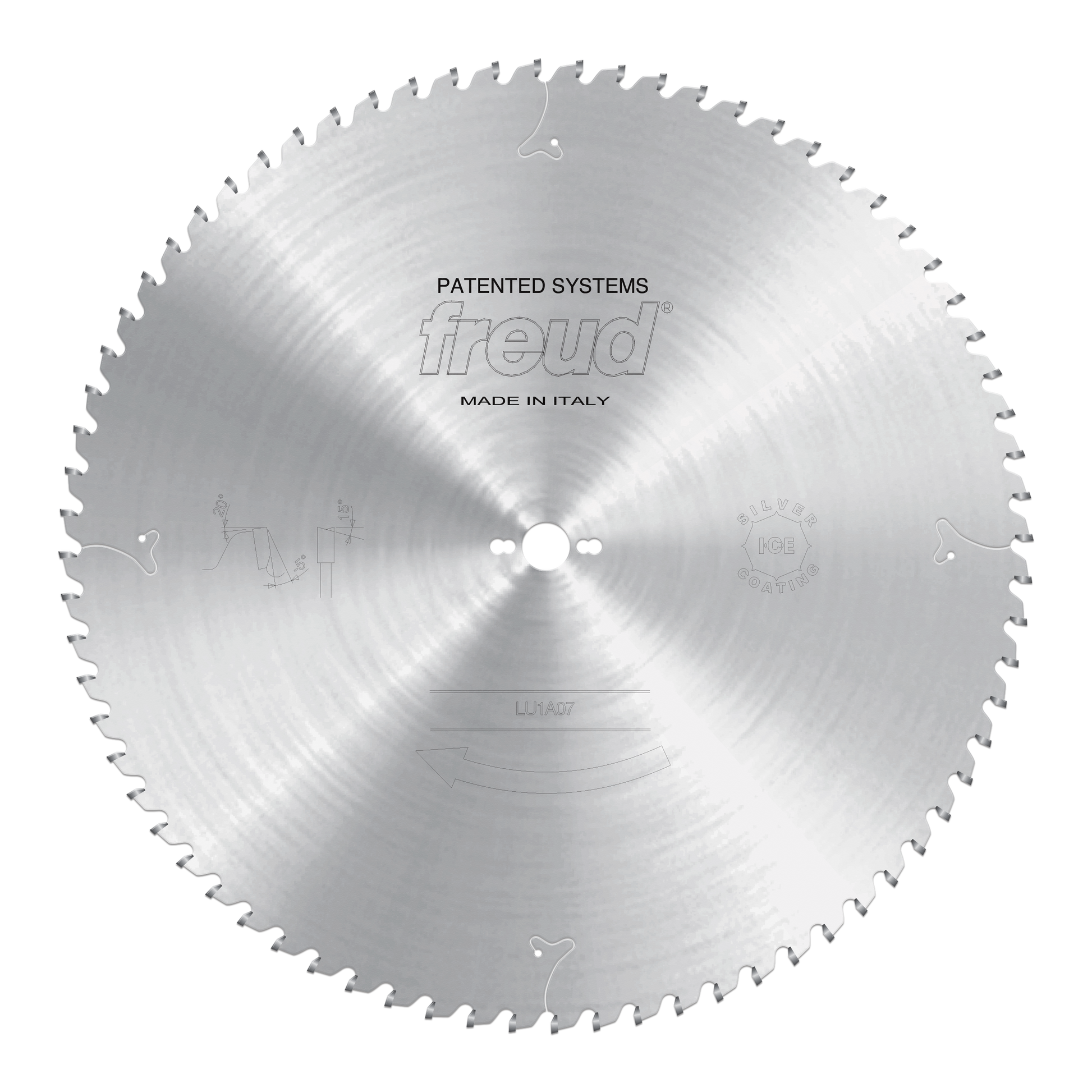Freud carbide-tipped circular saw blade with silver finish and multiple teeth around perimeter for wood cutting.