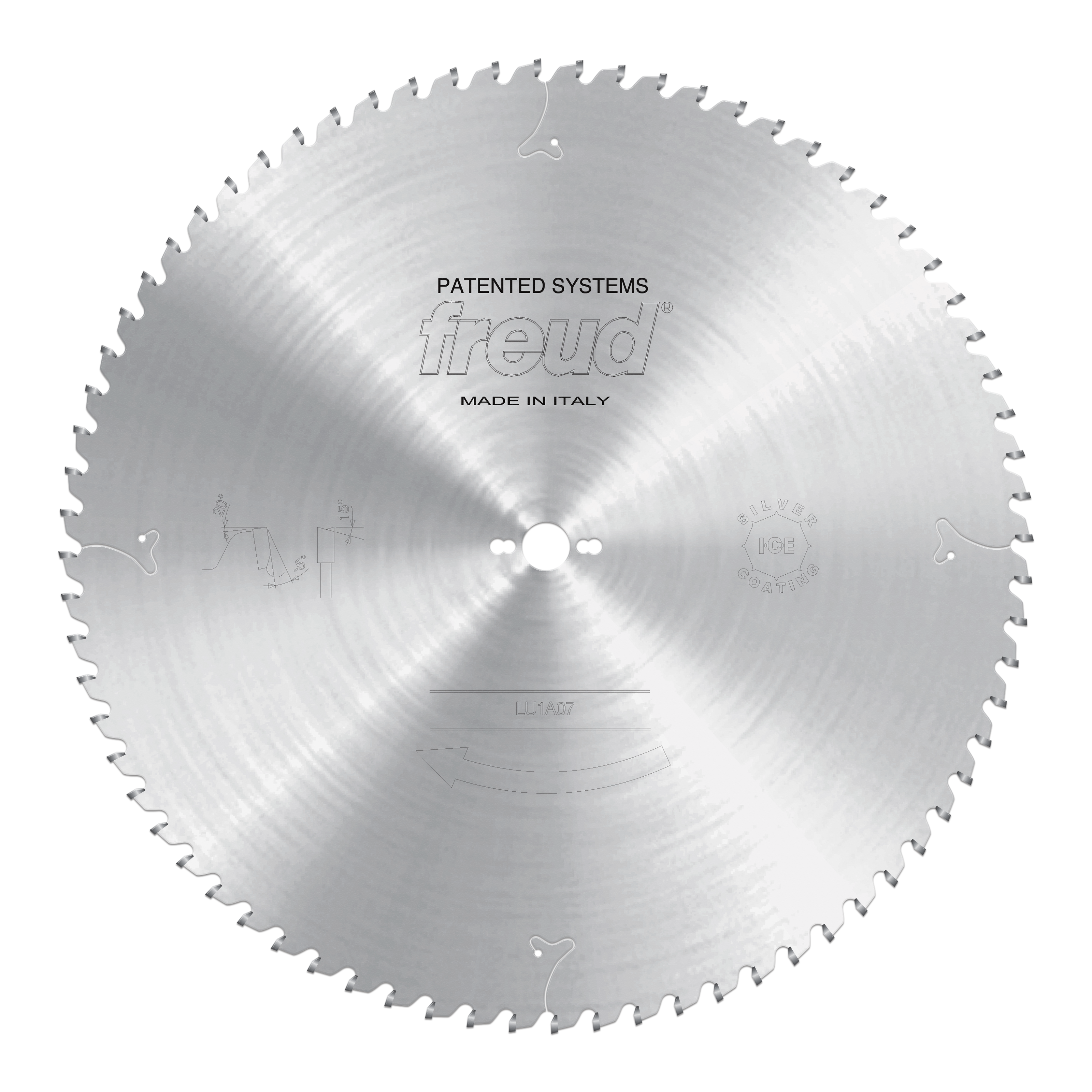 Freud carbide-tipped circular saw blade with silver finish and multiple teeth around perimeter for wood cutting.