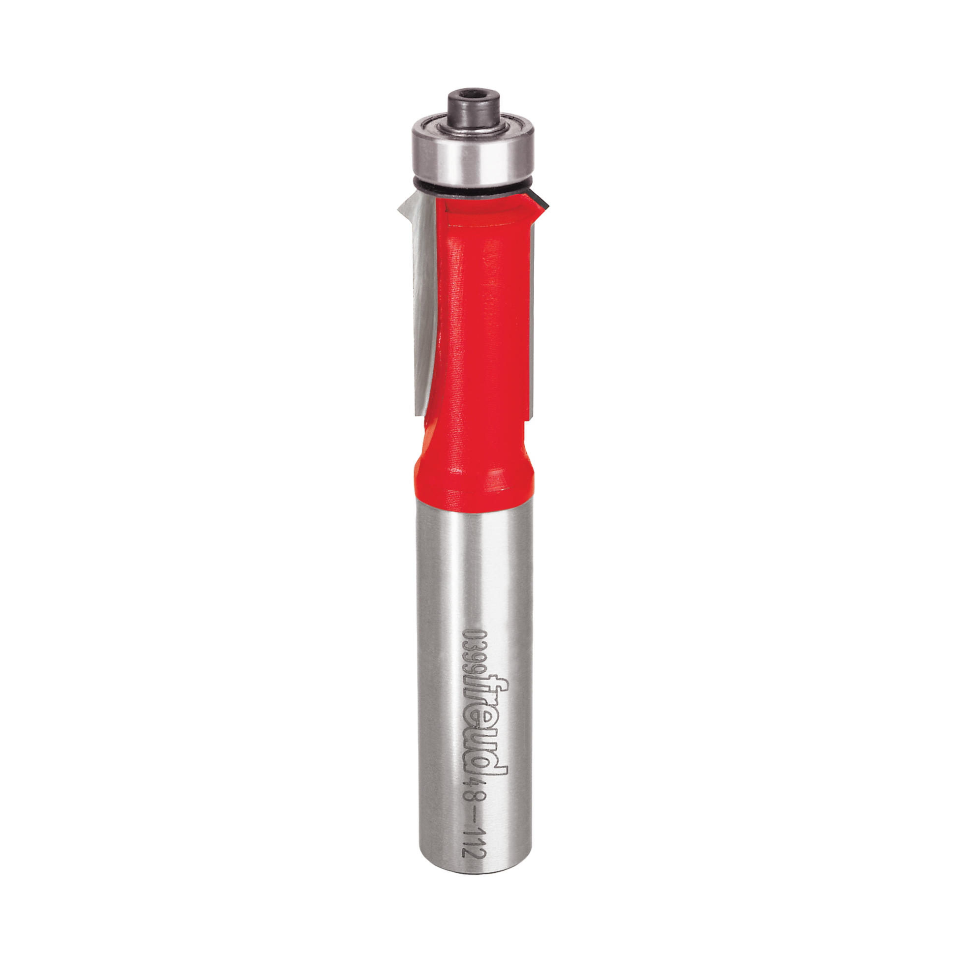 Silver and red router bit with V-groove cutting head and cylindrical shank for flush trim applications.