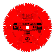 Red circular saw blade with 70 teeth, labeled "Freud Combination 14 inch," designed for ripping and crosscutting.