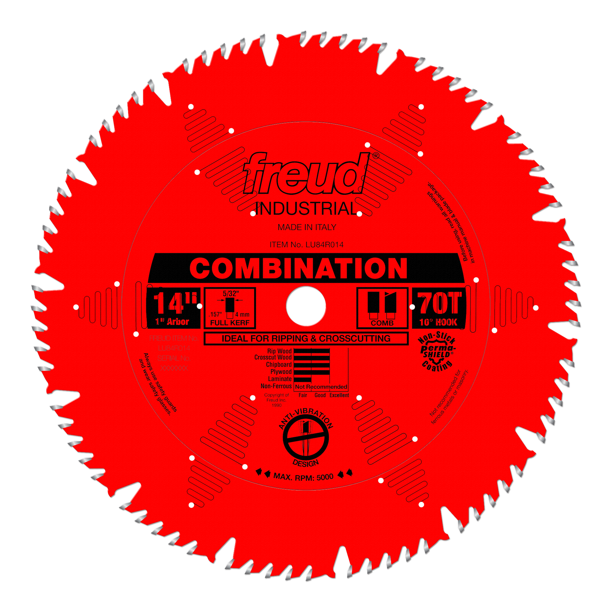 Red circular saw blade with 70 teeth, labeled "Freud Combination 14 inch," designed for ripping and crosscutting.
