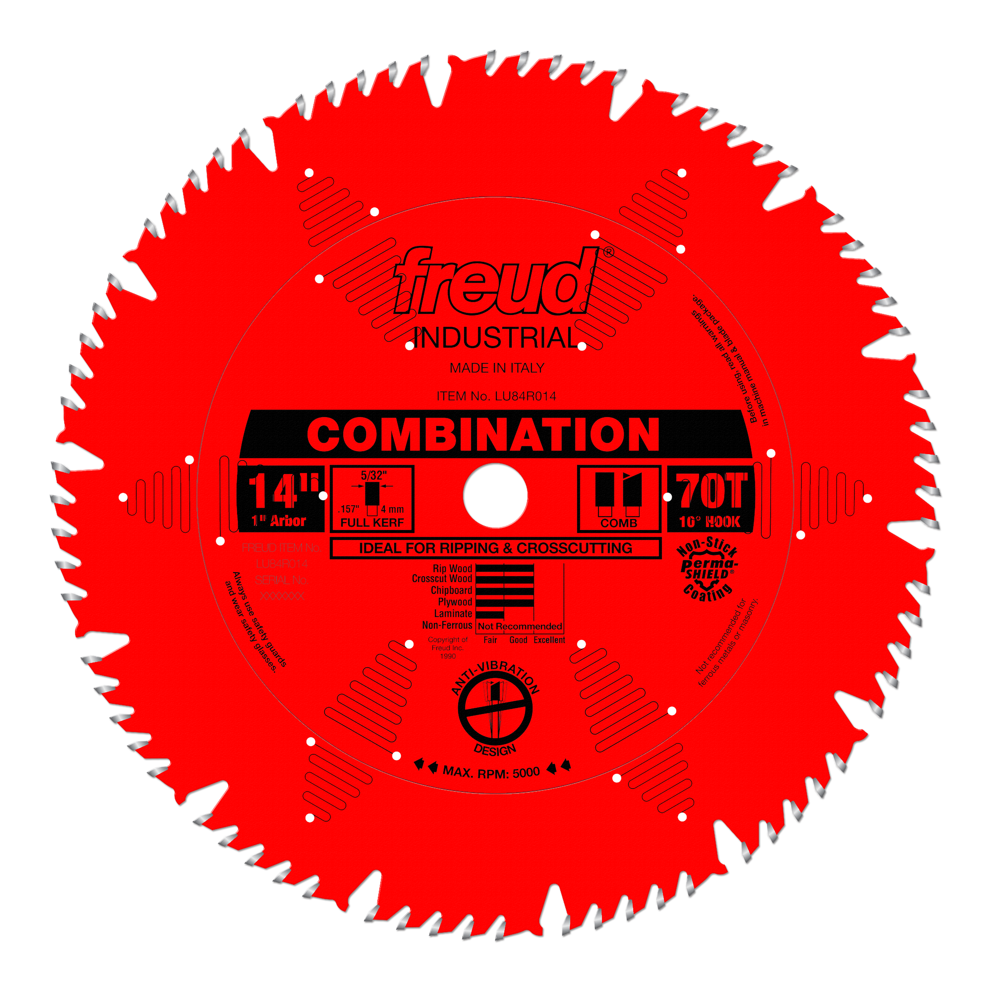 Red circular saw blade with 70 teeth, labeled "Freud Combination 14 inch," designed for ripping and crosscutting.