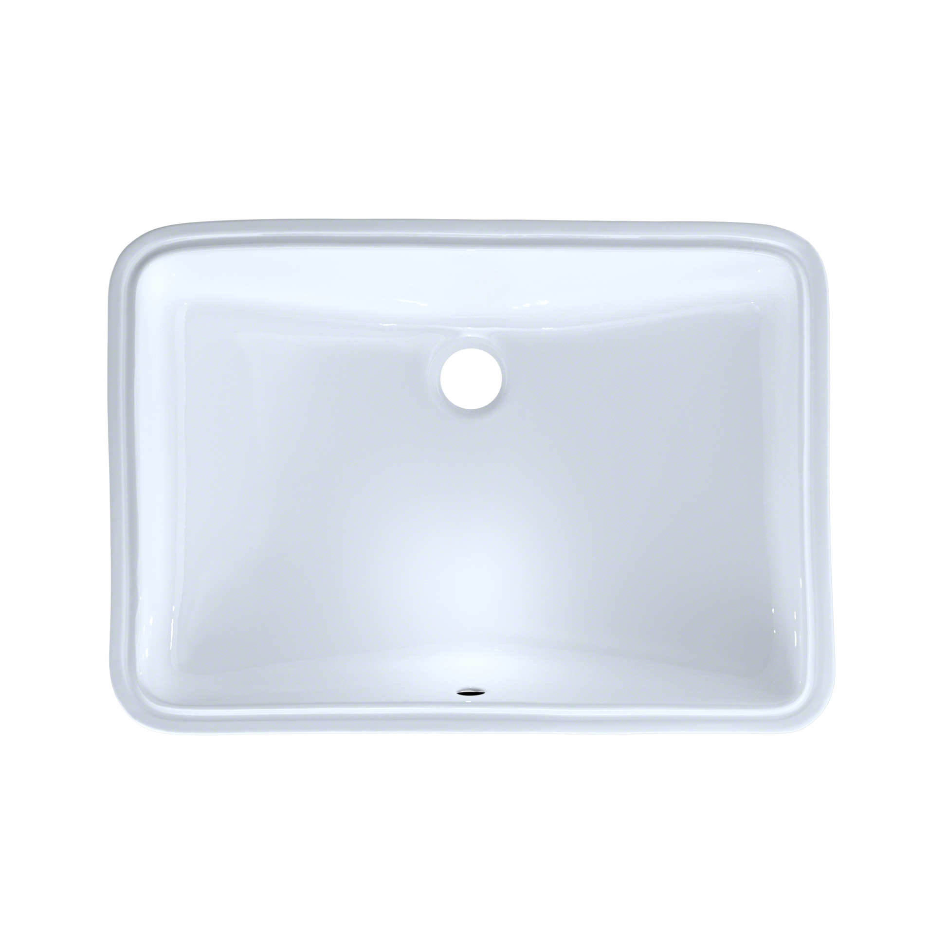 White rectangular undermount bathroom sink with rounded corners and single faucet hole, viewed from above.
