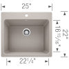Truffle-colored composite laundry sink with single bowl and drain, top view showing dimensions approximately 22.5" wide by 25