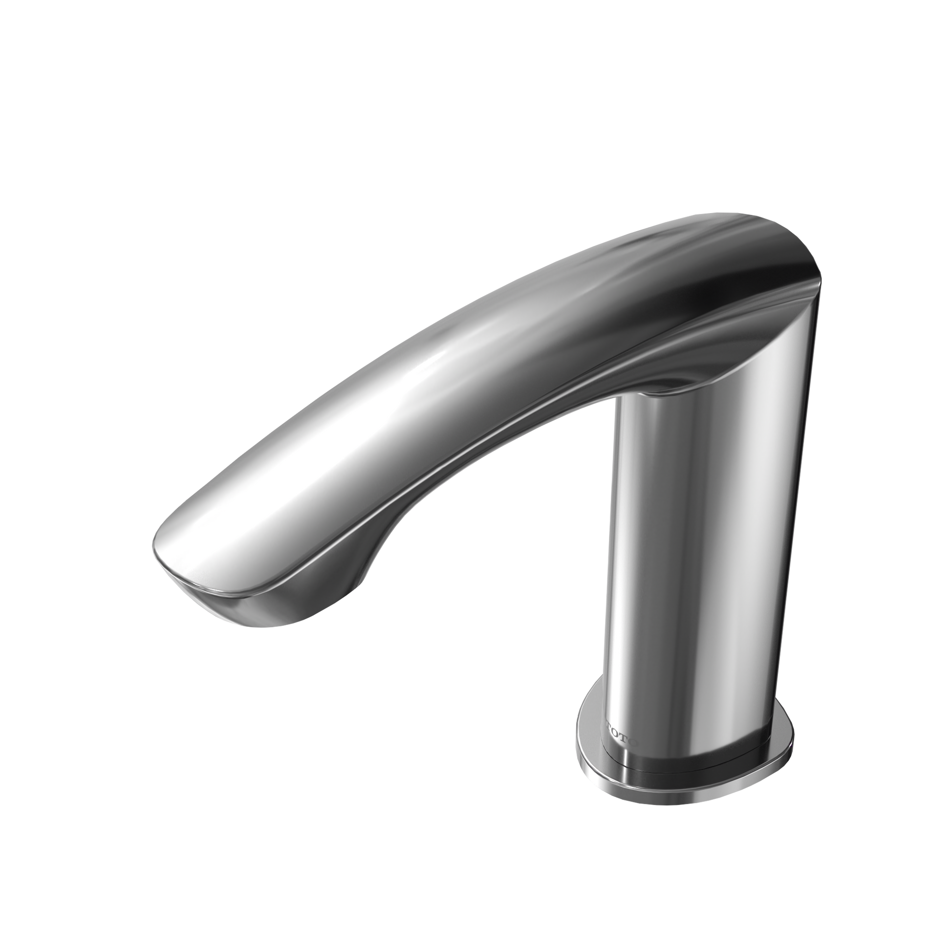 Polished chrome touchless bathroom faucet with curved spout and cylindrical base.