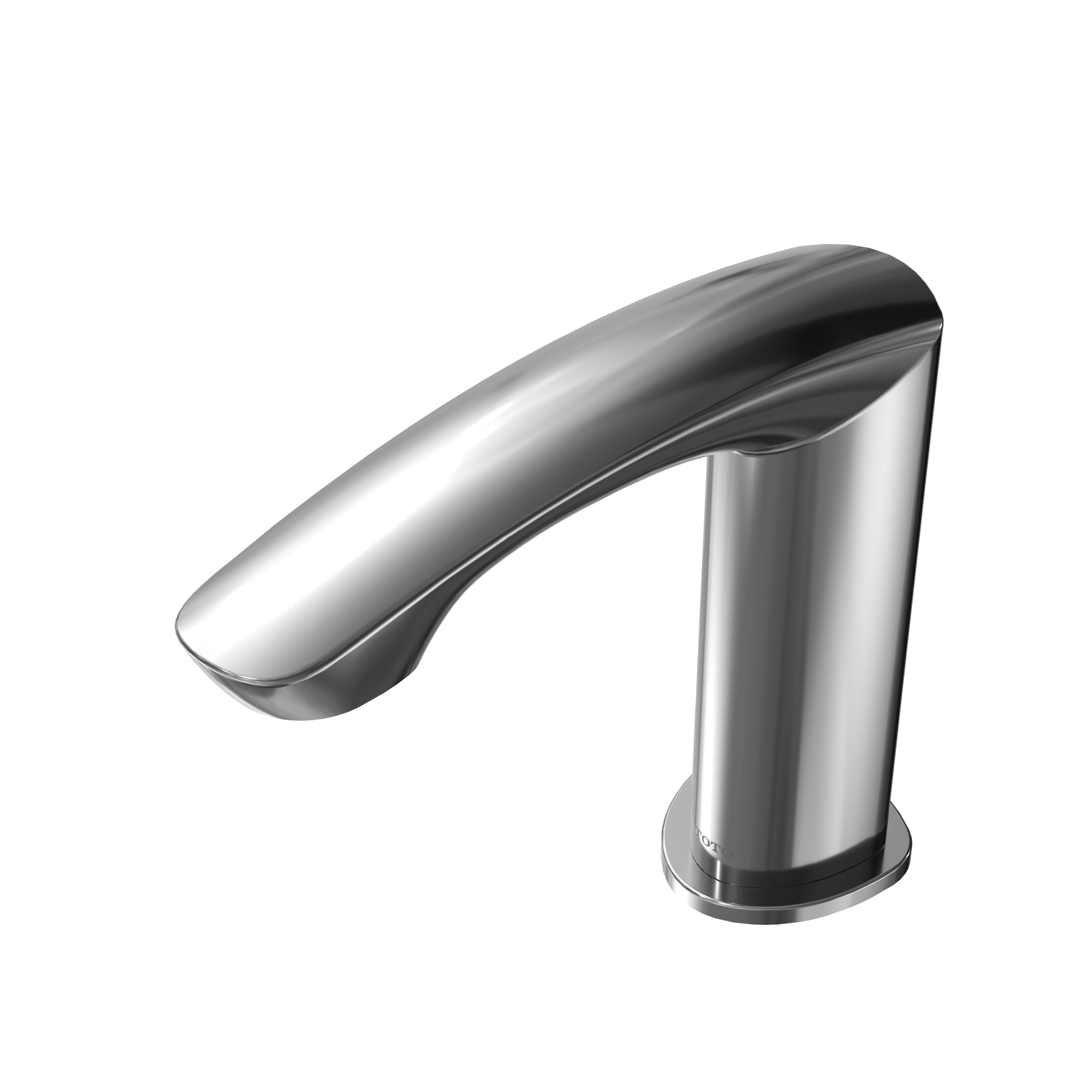 Polished chrome touchless bathroom faucet with curved spout and cylindrical base.