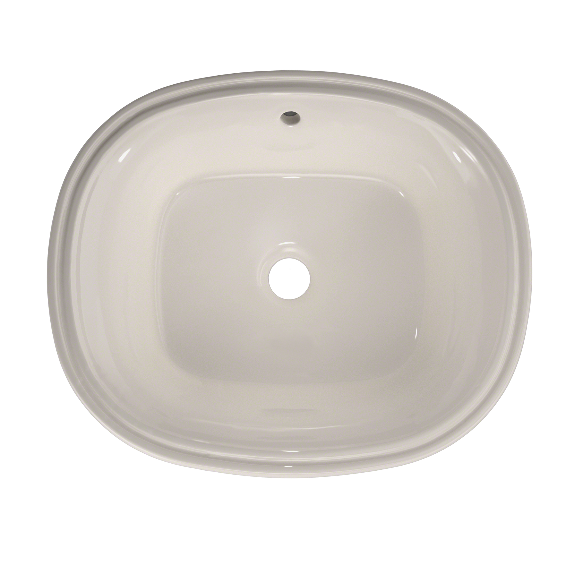 Oval undermount bathroom sink in sedona beige with single faucet hole, viewed from above.