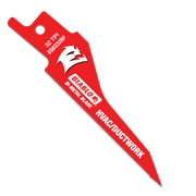 Red Diablo bi-metal reciprocating saw blade with mounting hole and text labeling for HVAC/ductwork use.